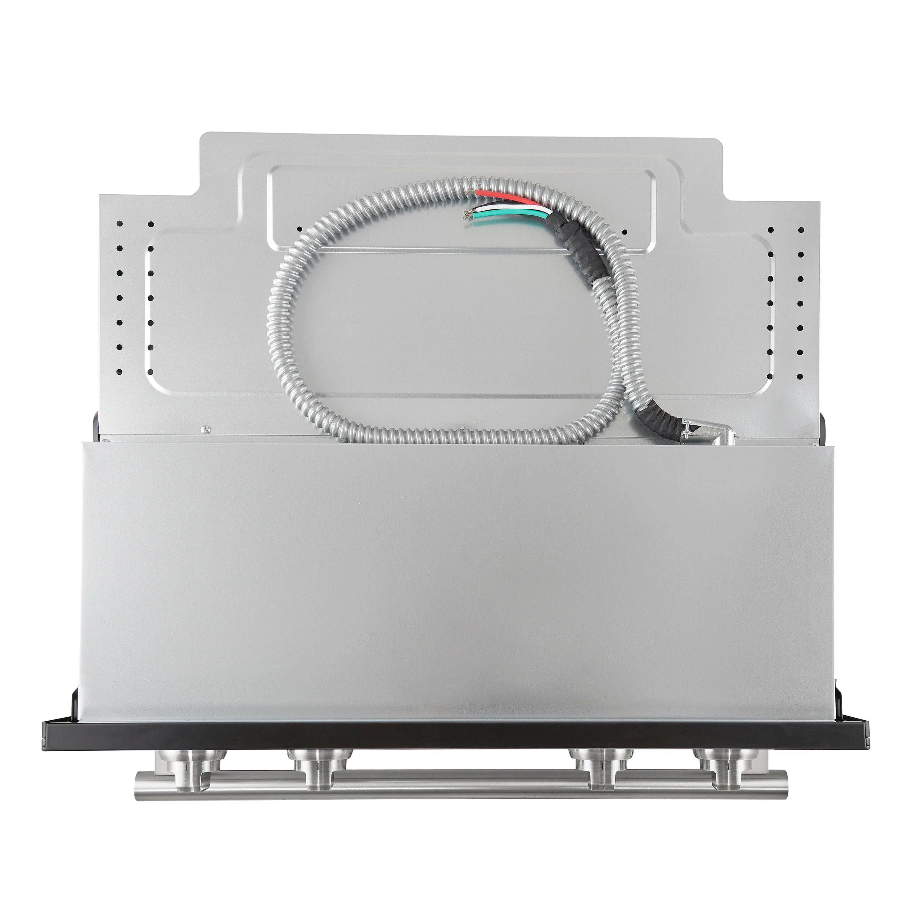 White oven base with exposed stainless connector and coiled flexible conduit.