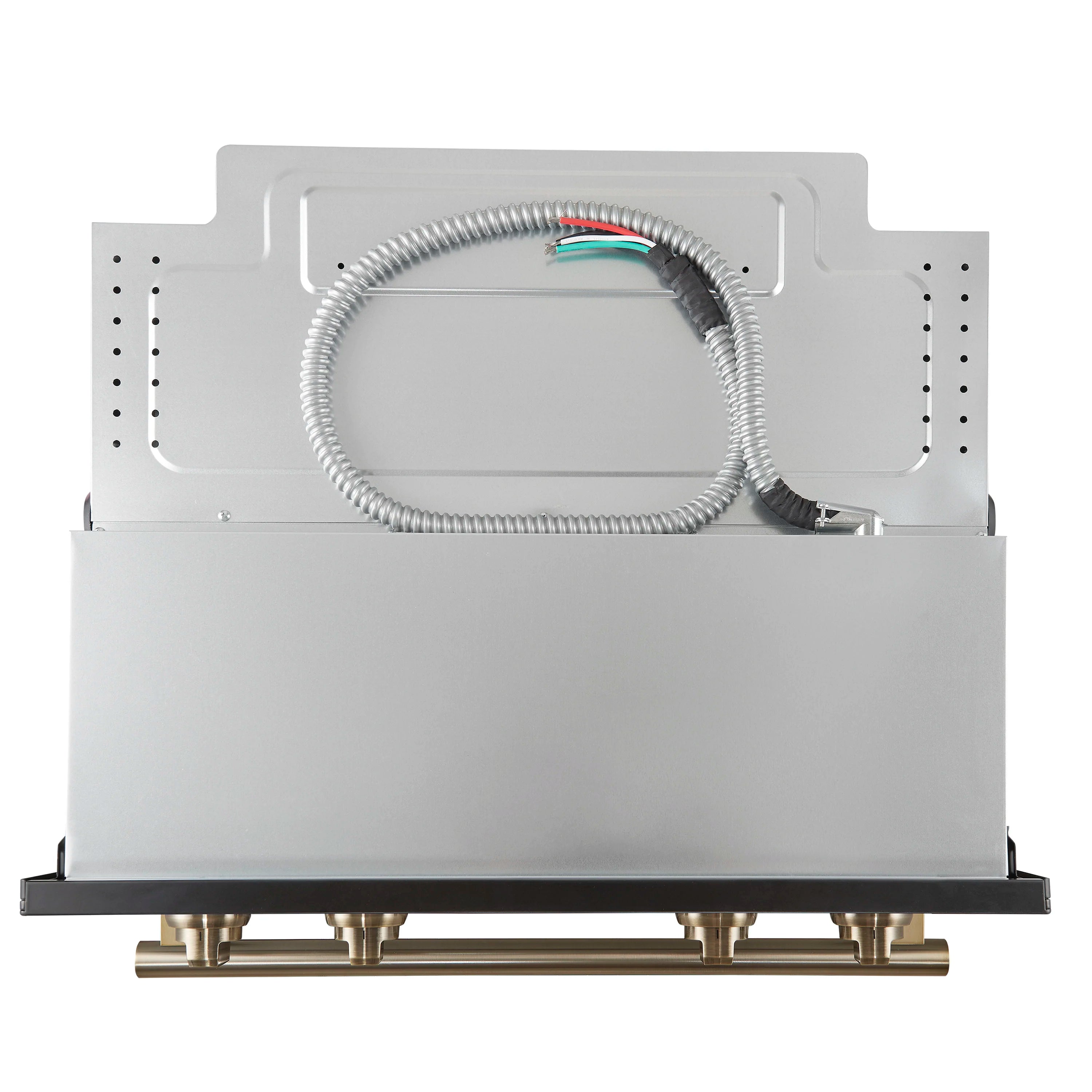 White rear connection area with flexible conduit and wiring for double wall oven