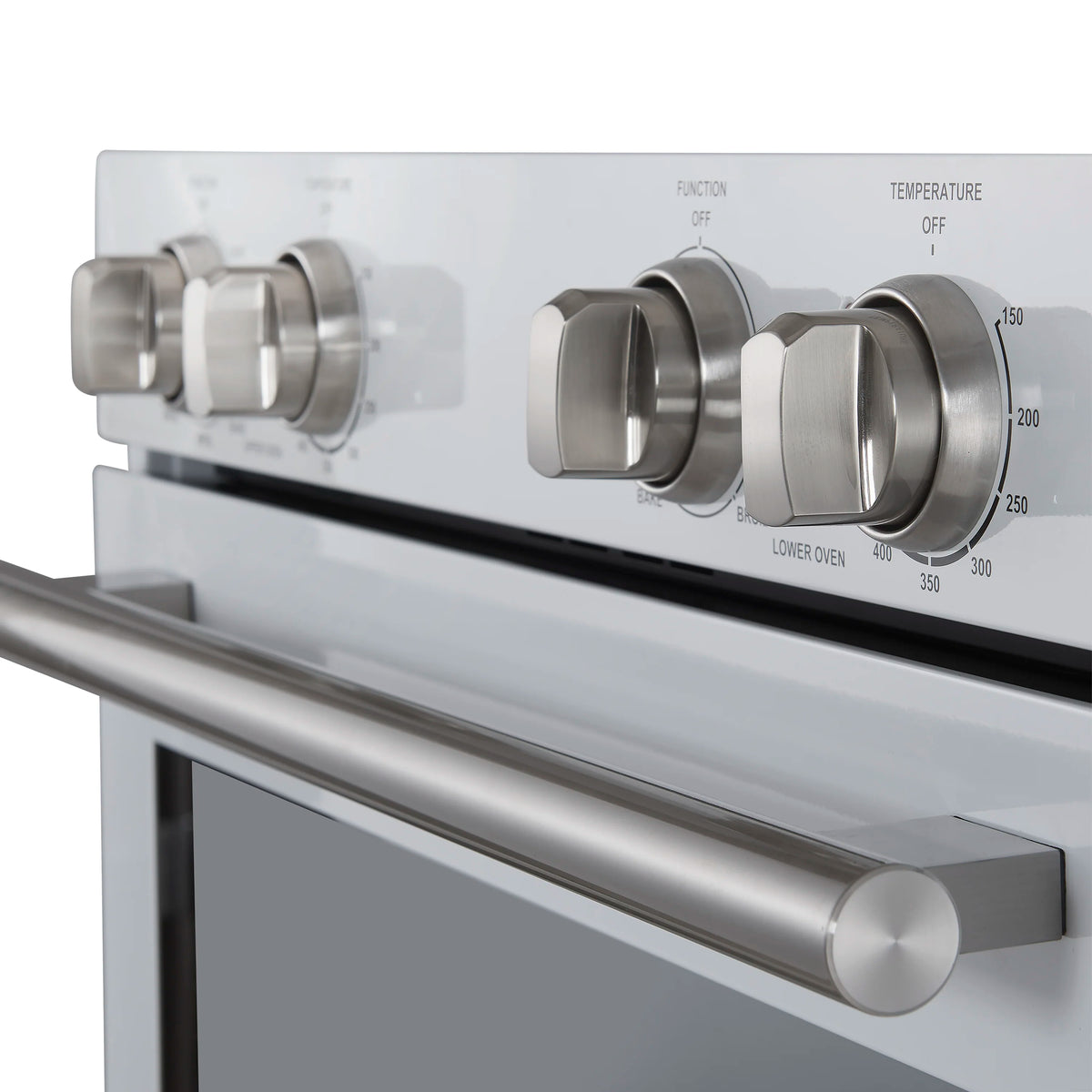 Stainless steel control knobs and oven handle on a white double wall oven