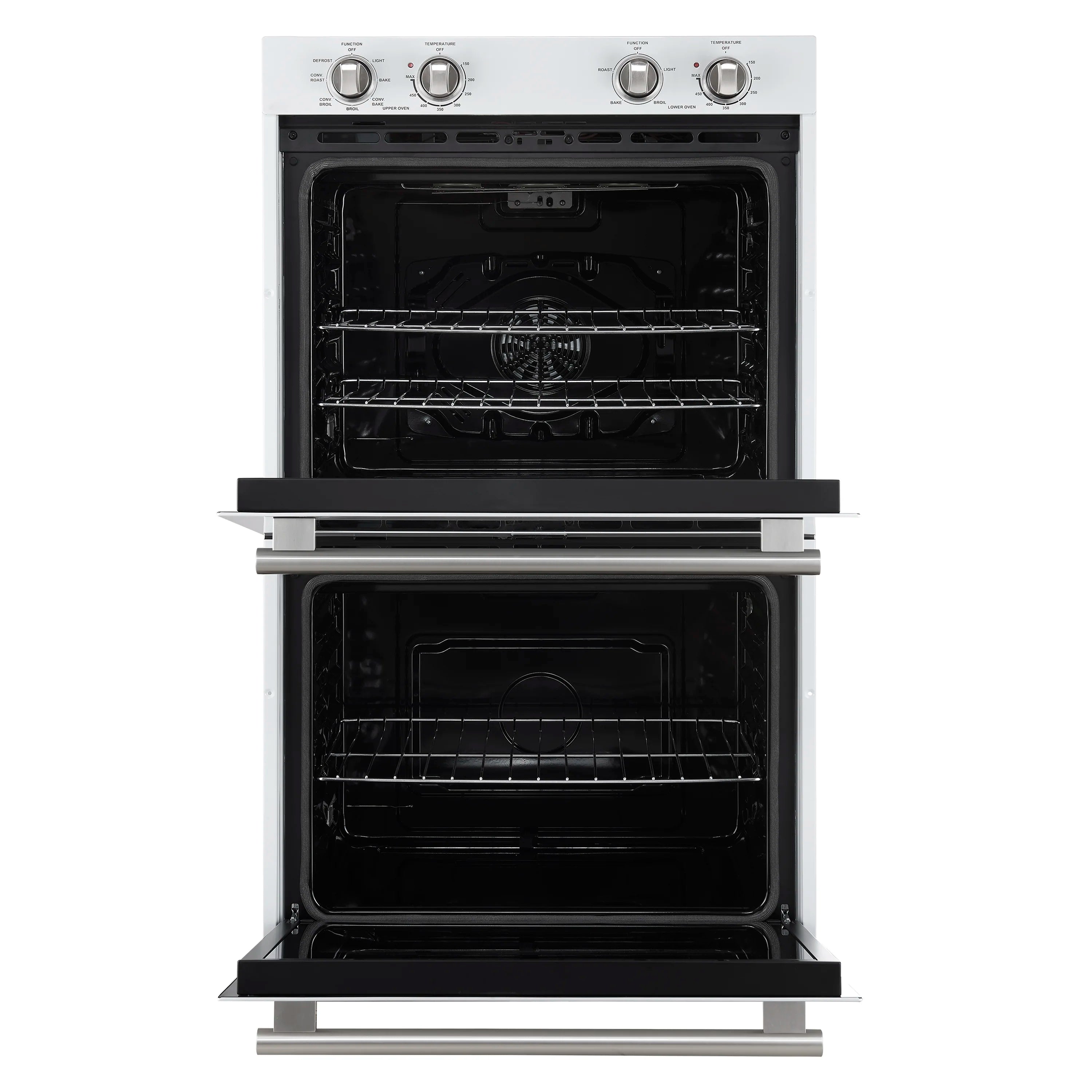 White double wall oven with both oven doors open and visible racks