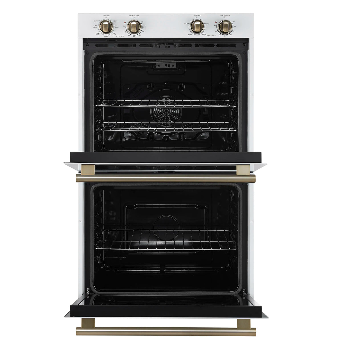 White double wall oven with two stacked open doors and antique brass pull handles