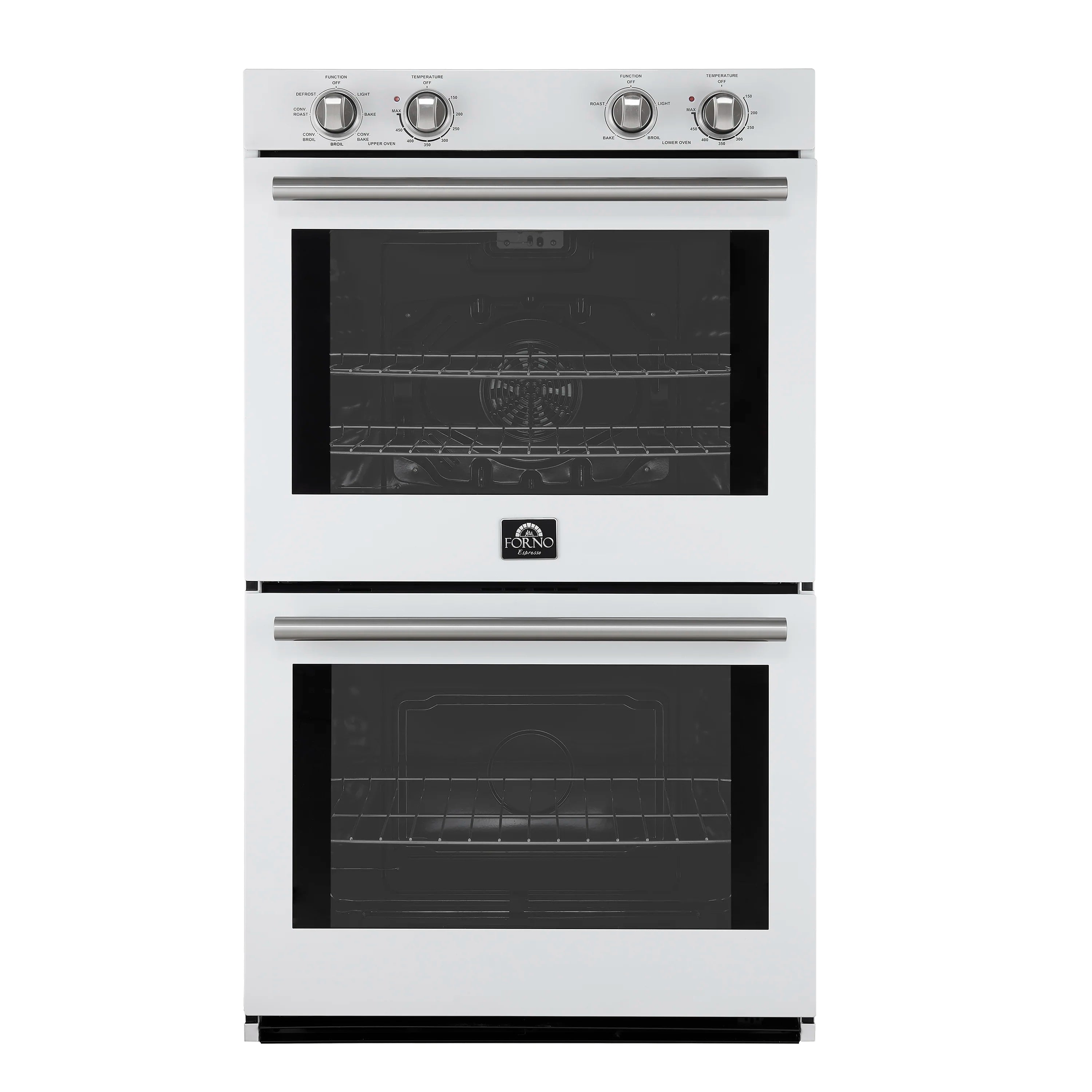 White double wall oven with two black glass doors and stainless steel trim