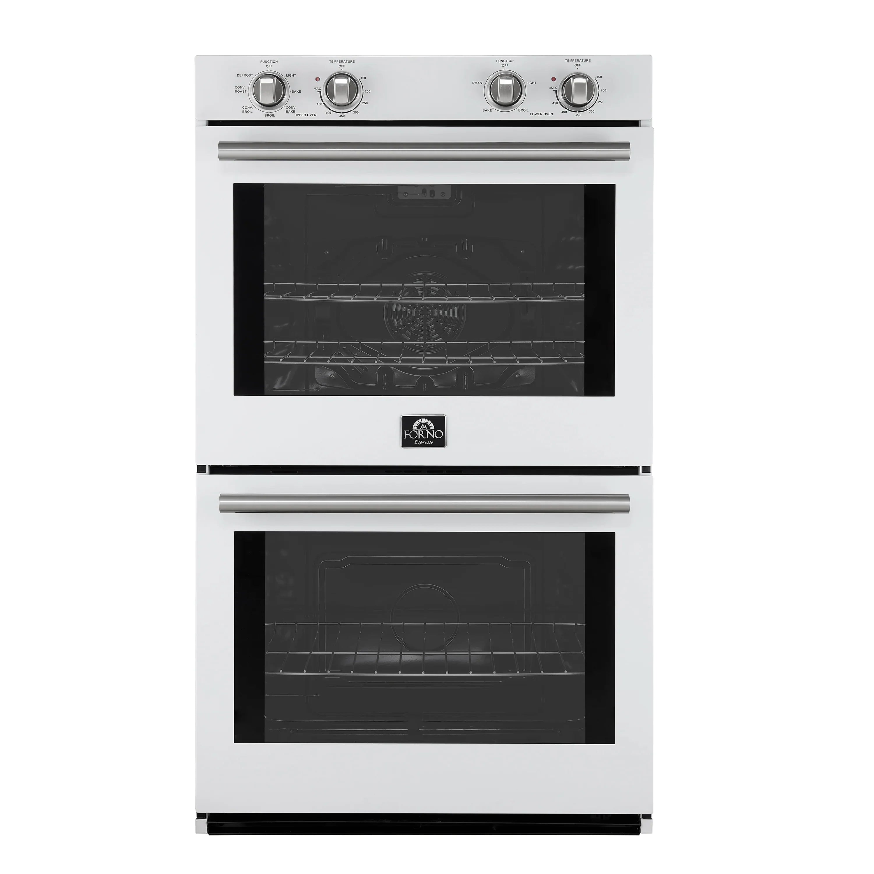 White double wall oven with stainless bar handles and two dark glass doors