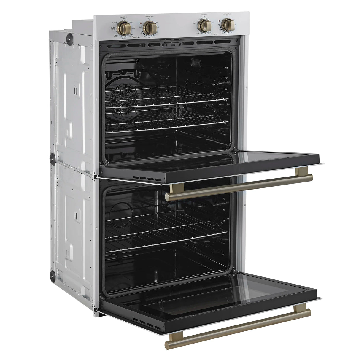 White double wall oven with stacked racks visible through open upper and lower doors