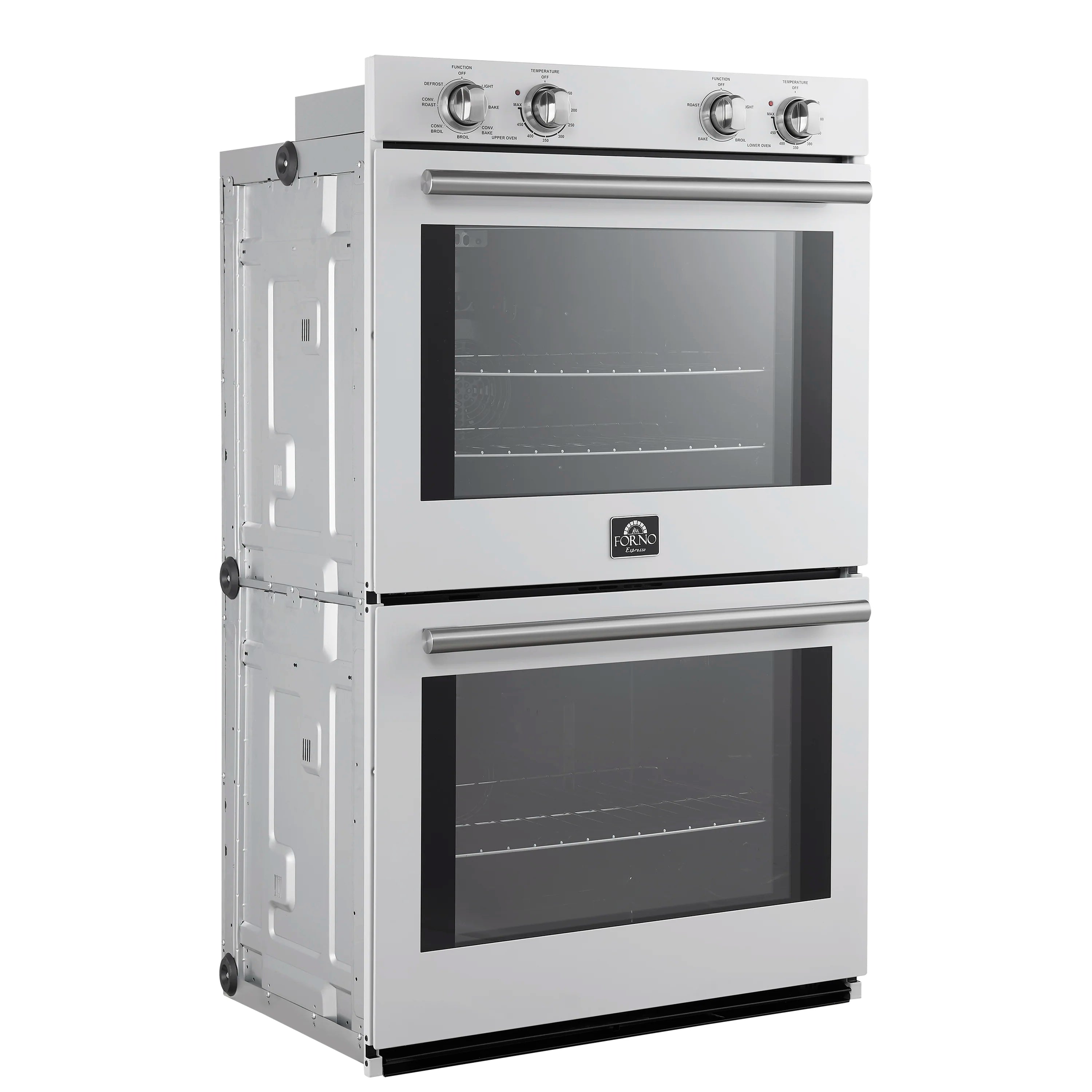 White double wall oven with stainless steel handles and two glass viewing windows