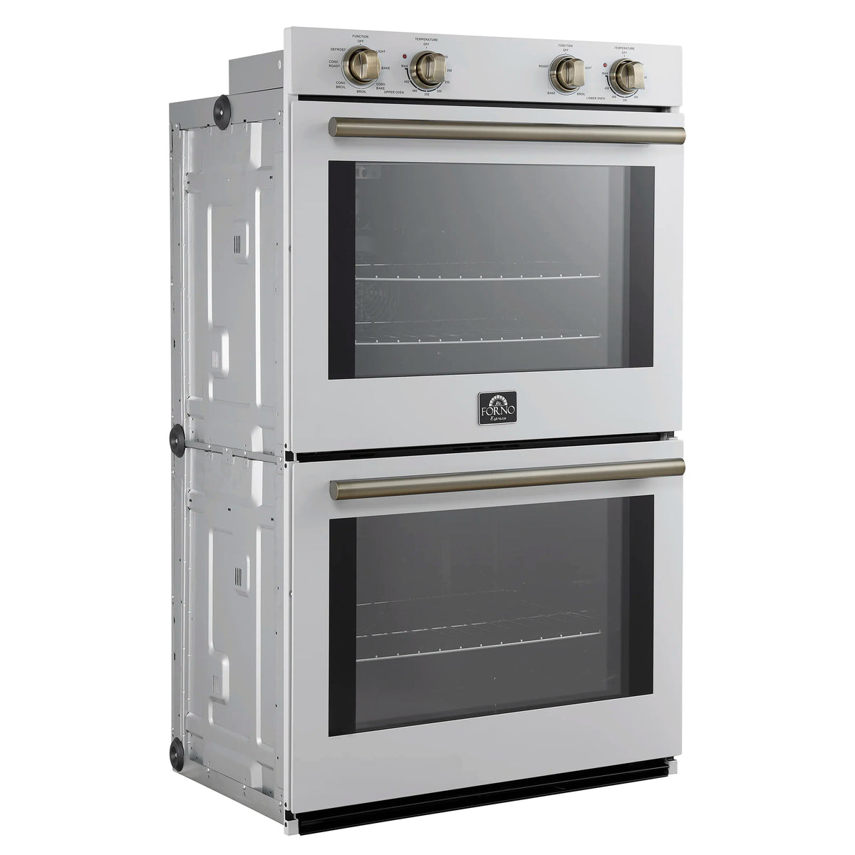 White double wall oven with two doors open, showing control panel and gold trim handles
