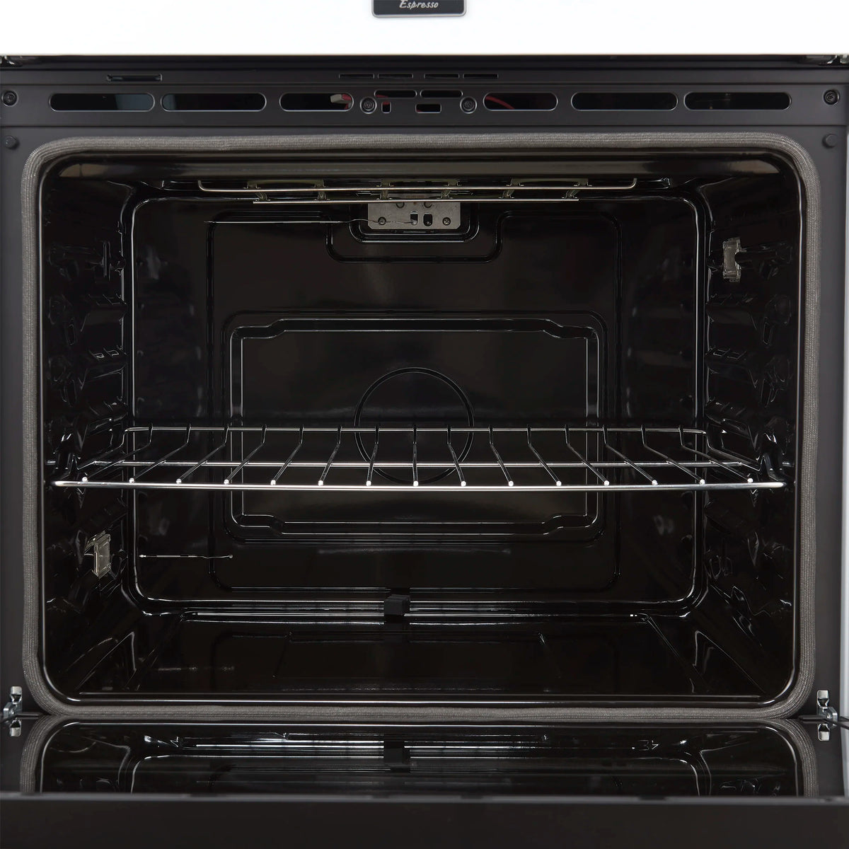 Upper oven interior with dark oven cavity and chrome wire rack, door open