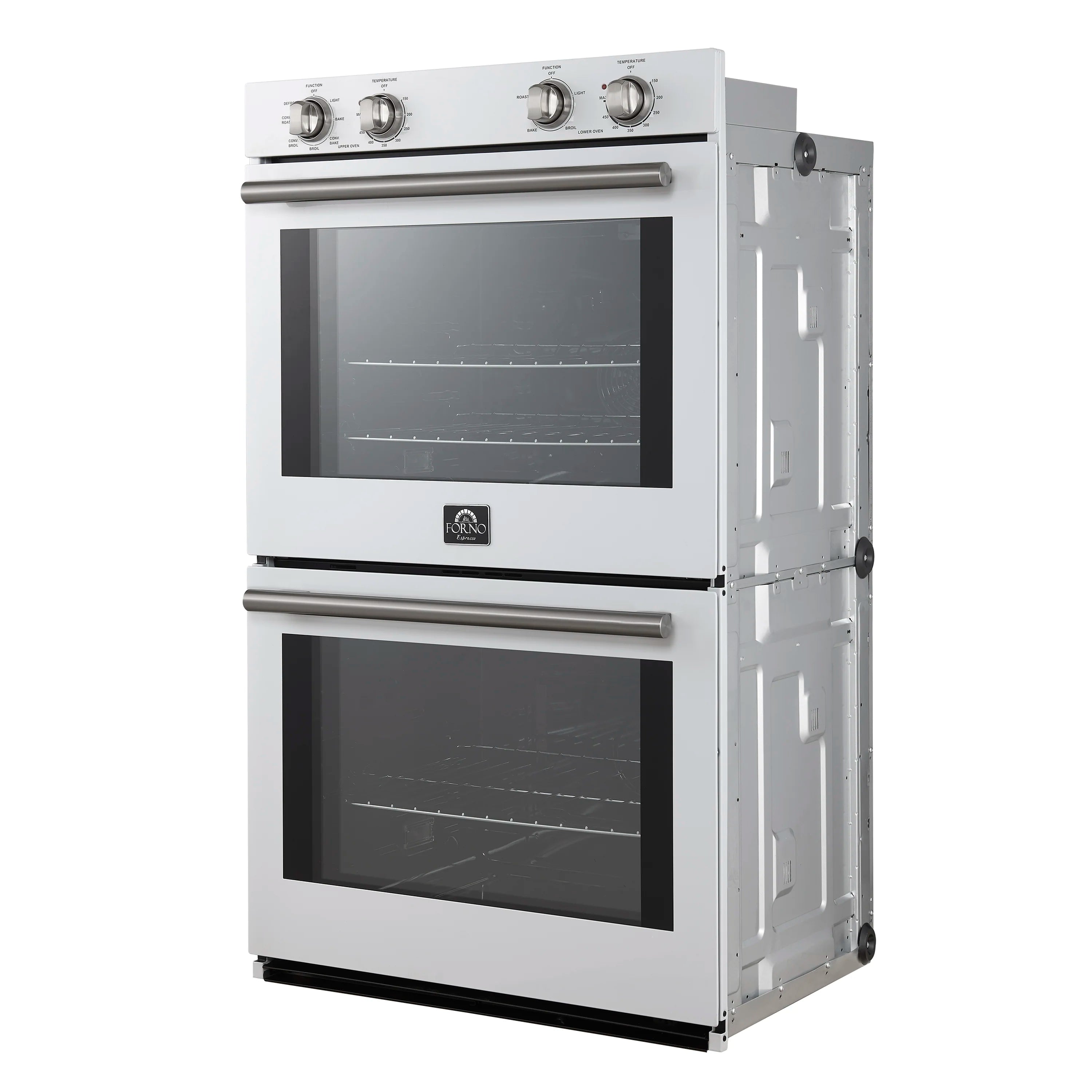 White double wall oven with stainless steel oven handles and open side panel