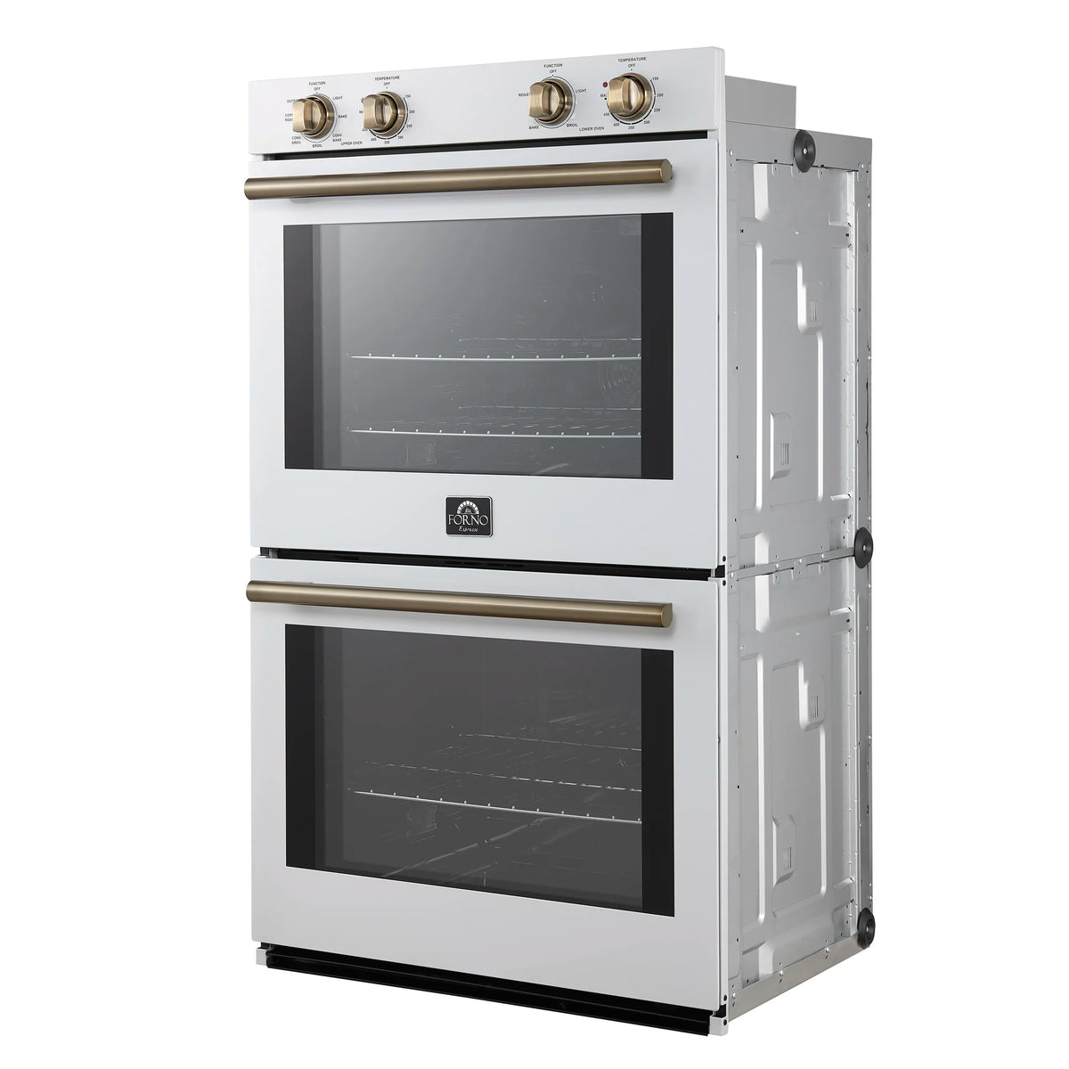 White double wall oven with glass doors closed and antique brass handle accents