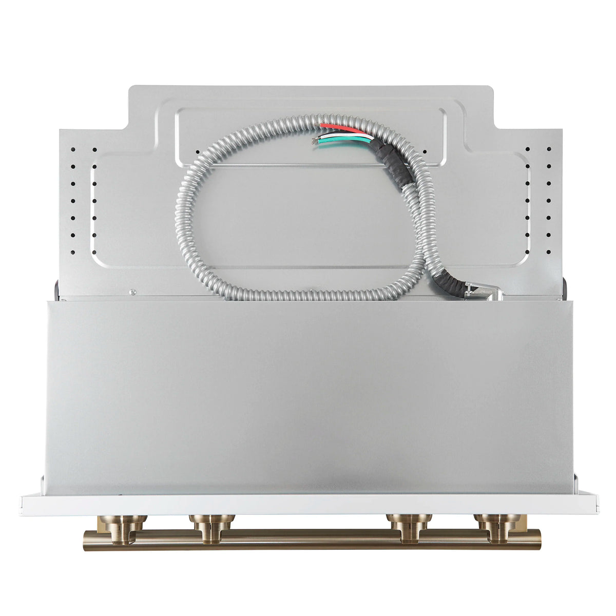 Built-in microwave base with vented metal cover and visible power cable wiring