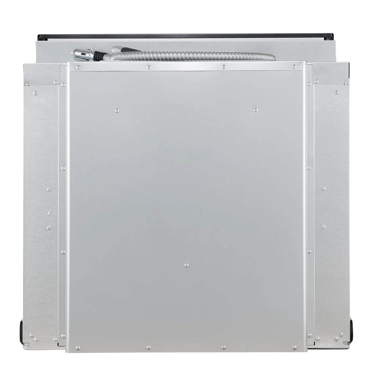 Wall oven mounting back plate with metal brackets and attached conduit cable