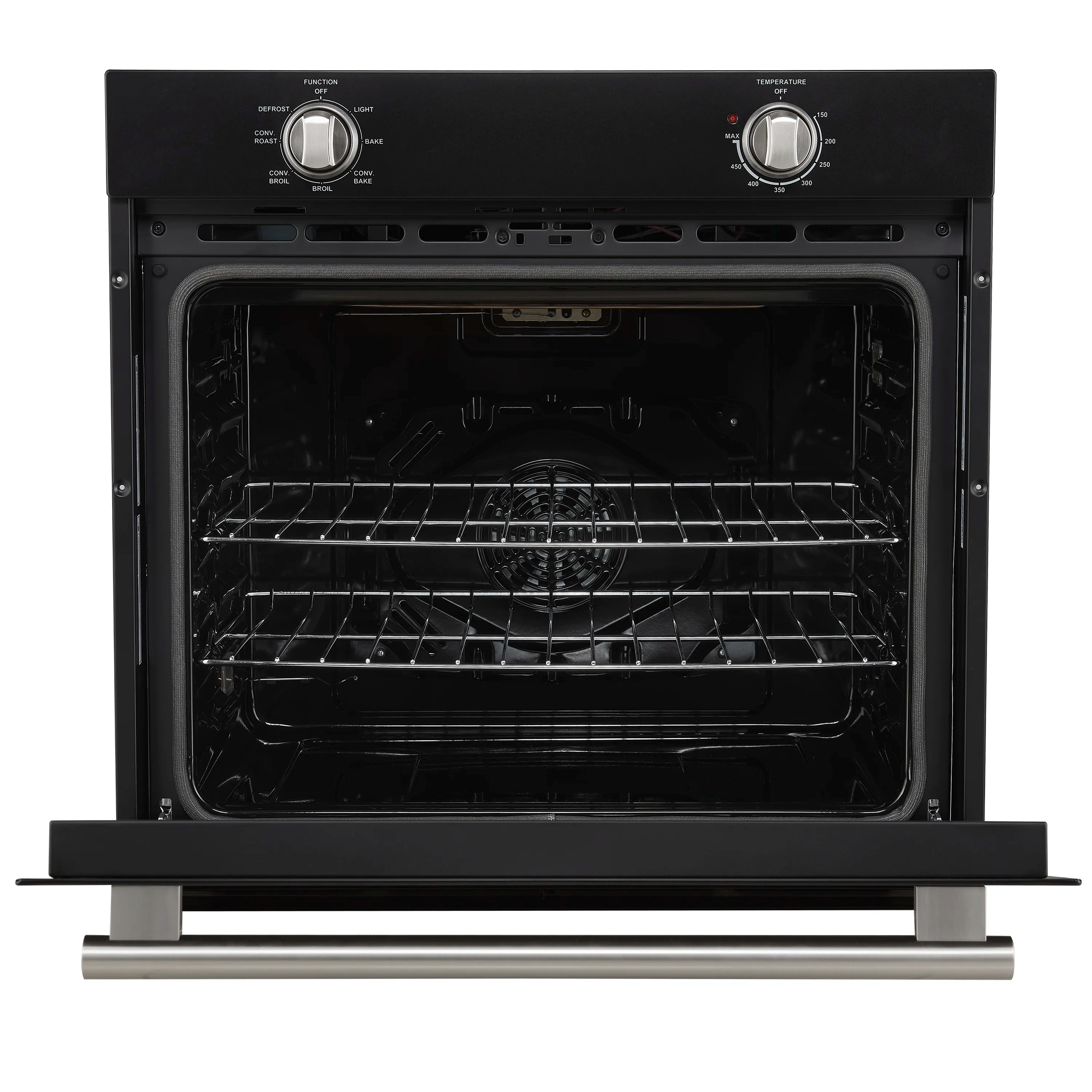 Wall oven open door showing black interior and multiple wire oven racks