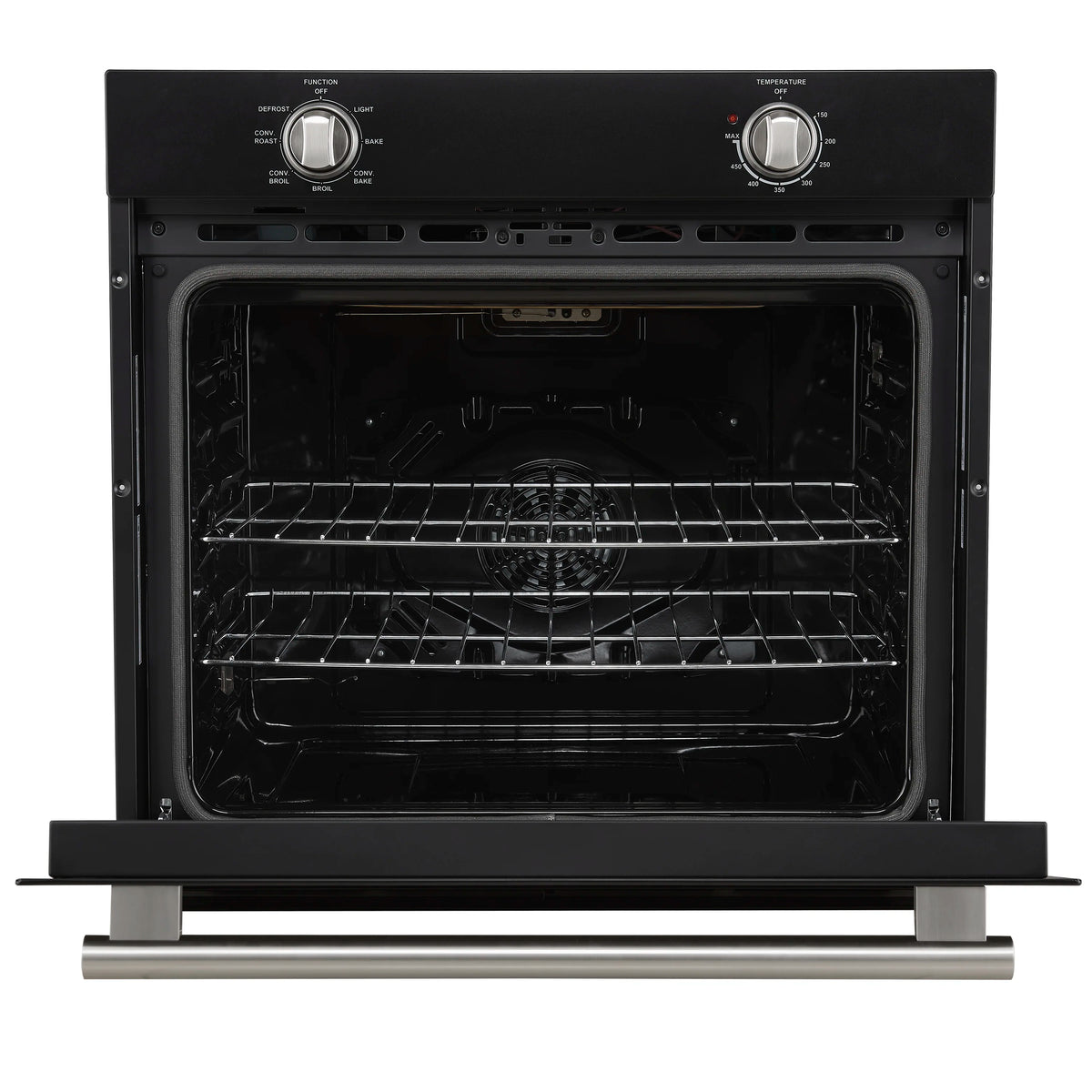 Black wall oven door open, racks inside, and centered rear fan area