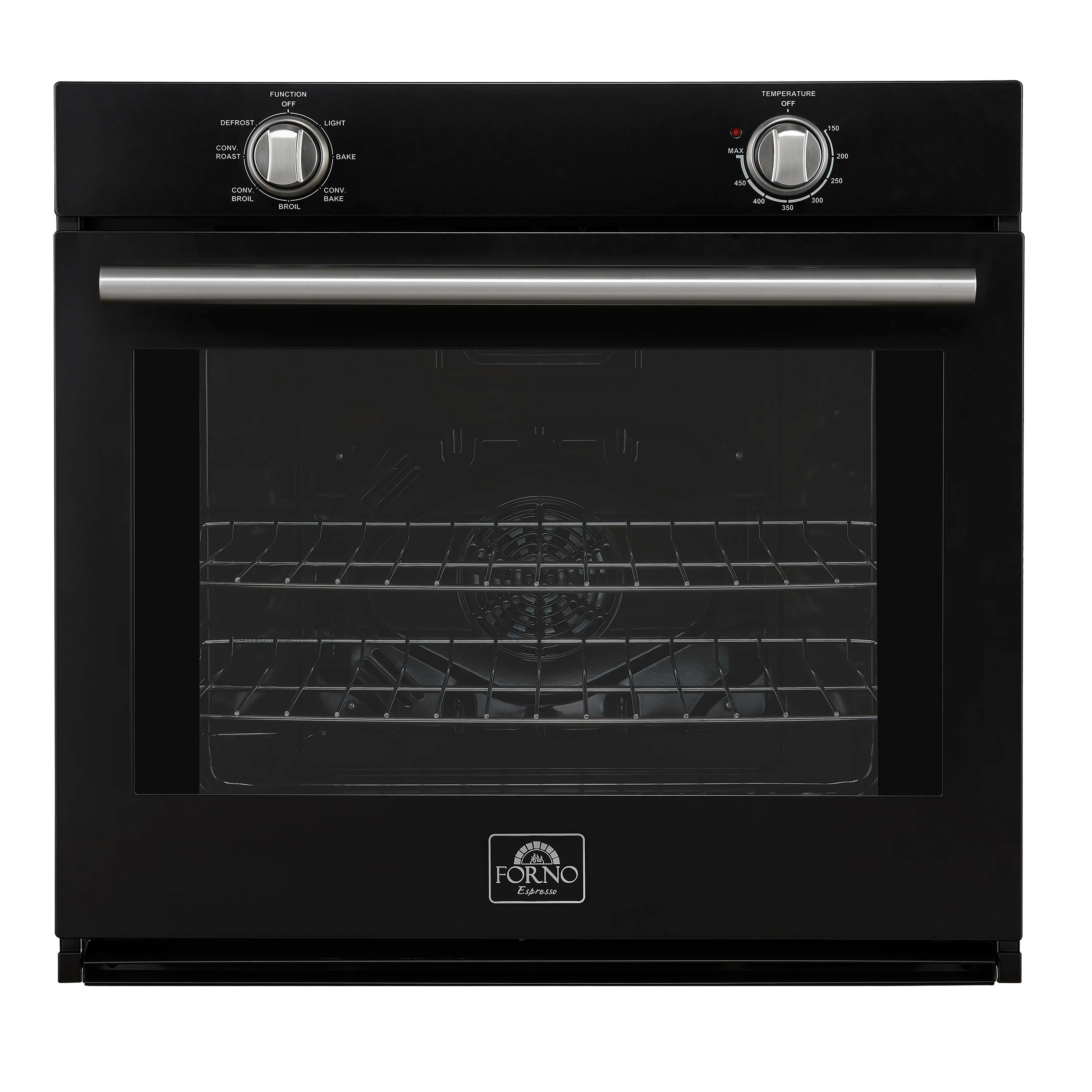 Black wall oven with stainless handle, front view showing control dials