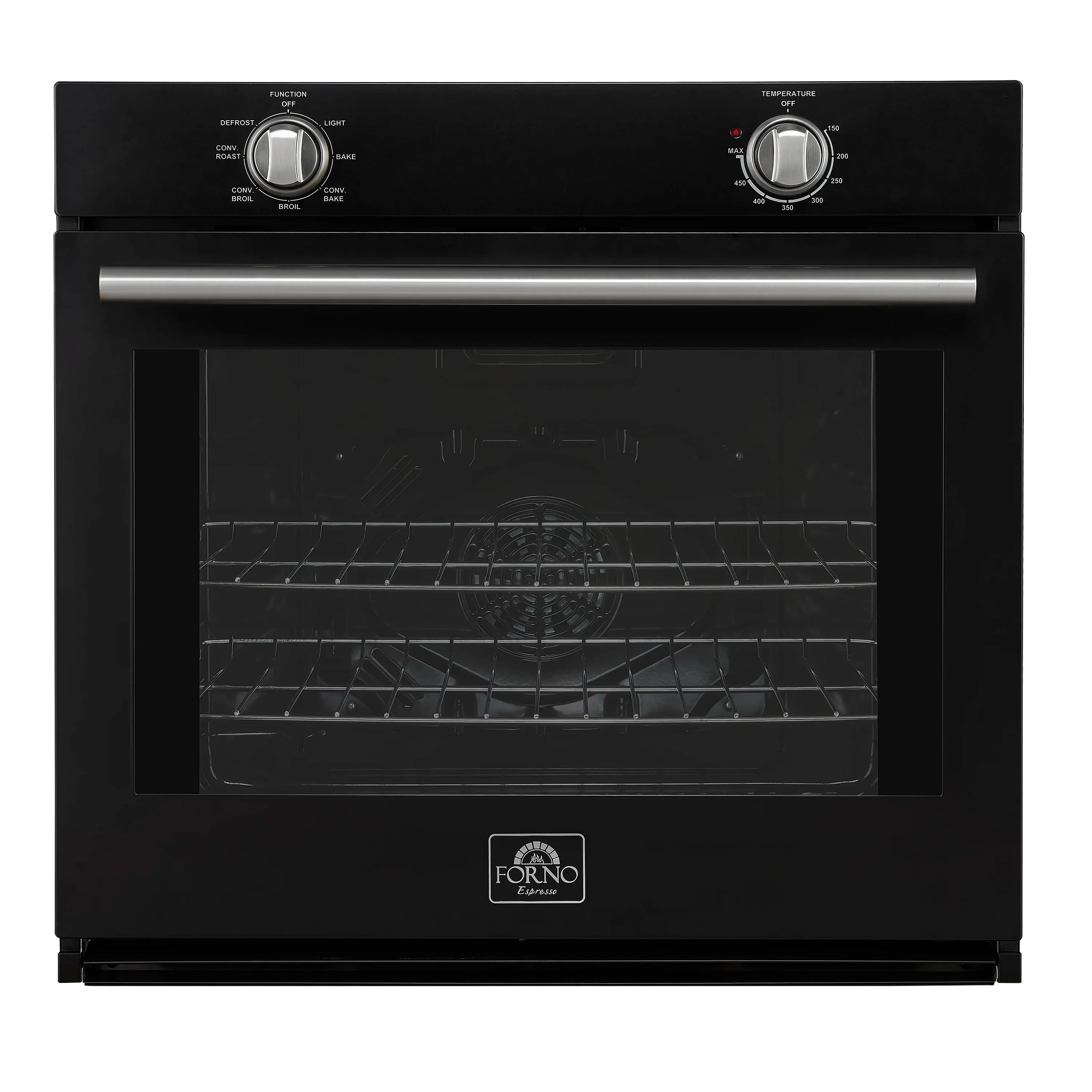 Black wall oven with stainless steel handle and two front control knobs