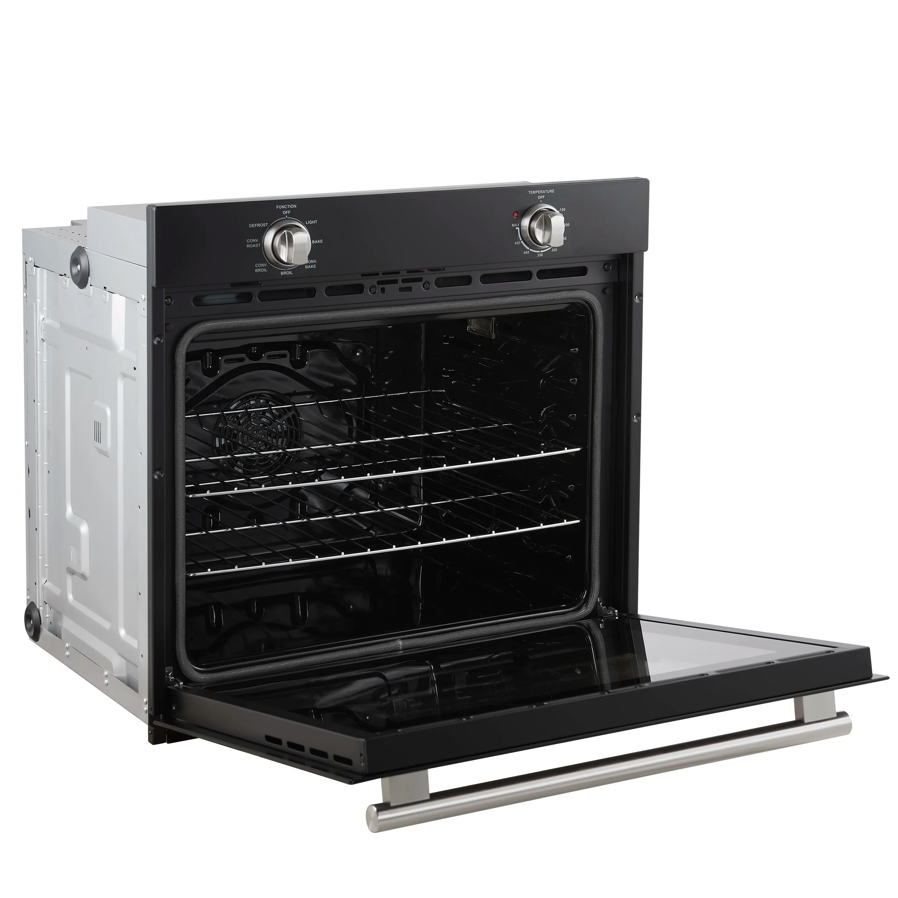 Black wall oven with stainless handle, open door and visible interior racks