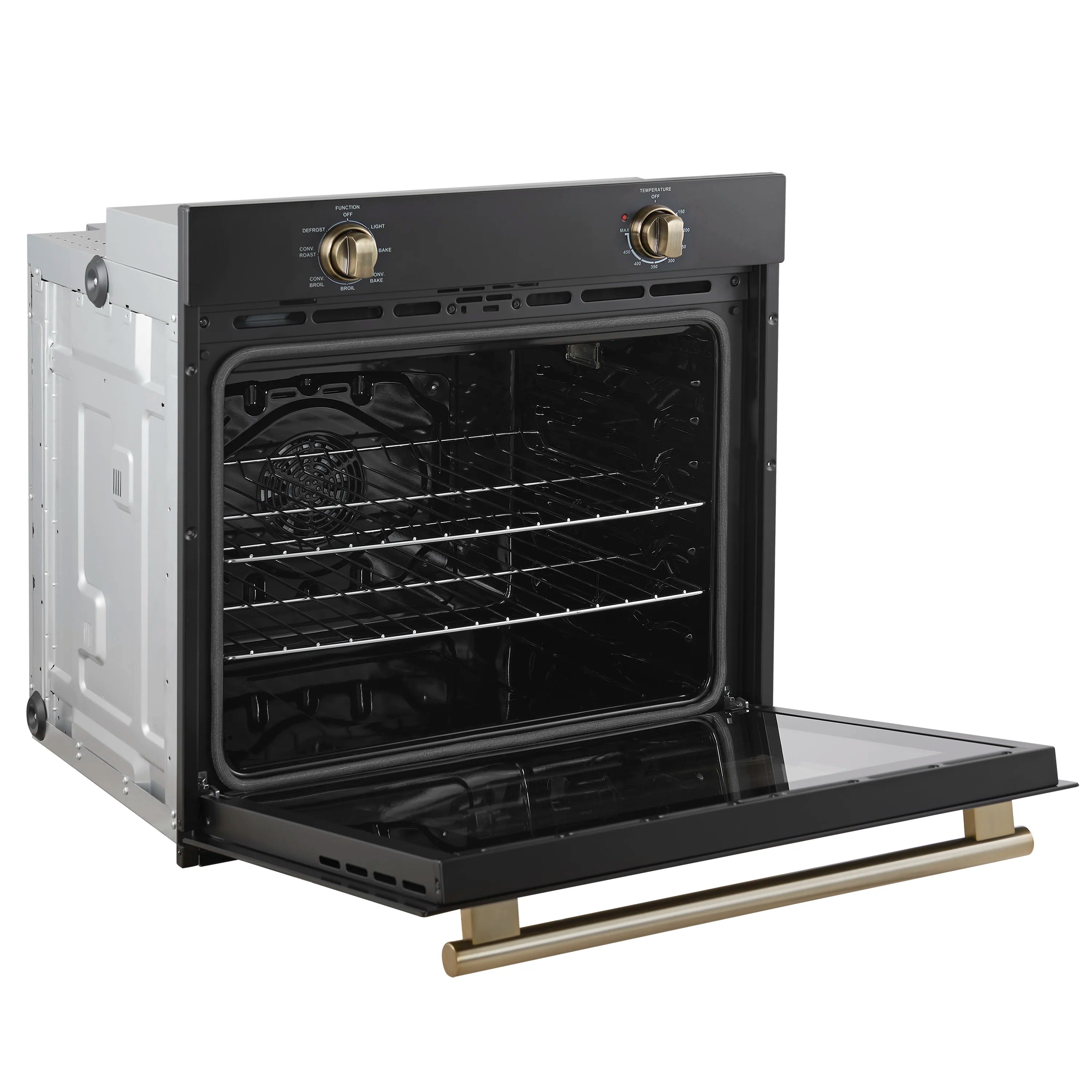 Black wall oven with door open, antique brass handle, and interior racks