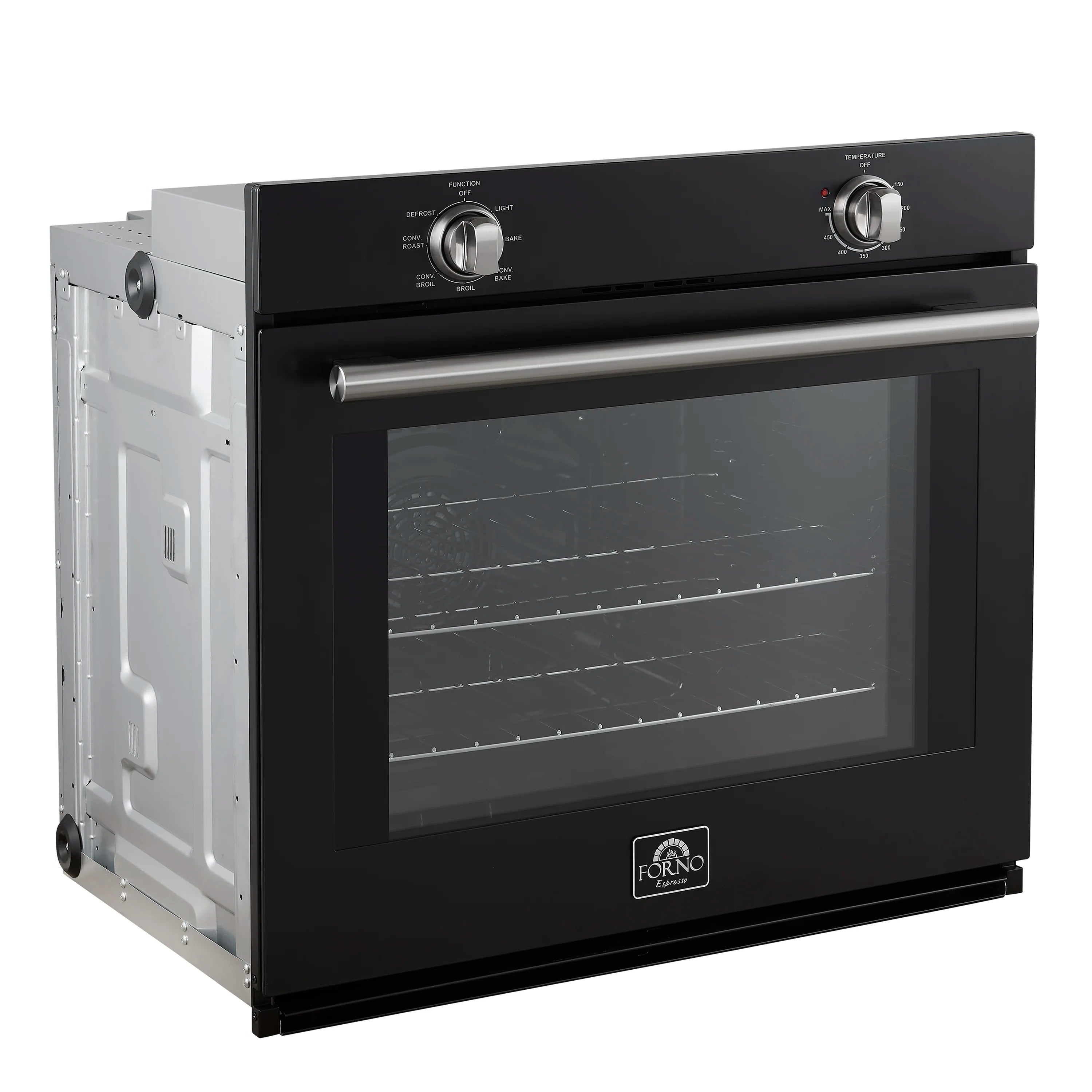 Black wall oven with stainless handle, front view showing control knobs and glass door