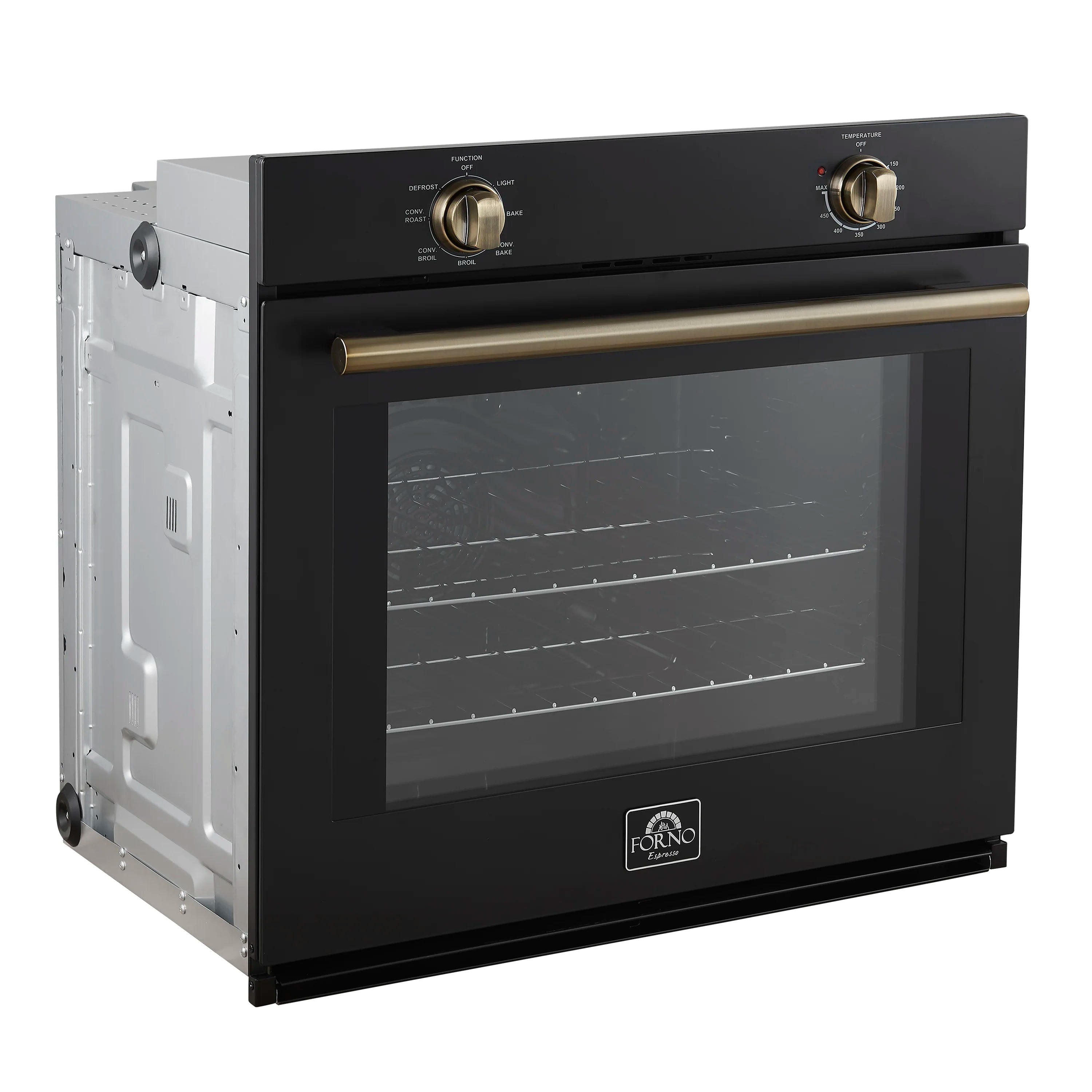 Black 30-inch wall oven with glass door window and antique brass handle and knobs