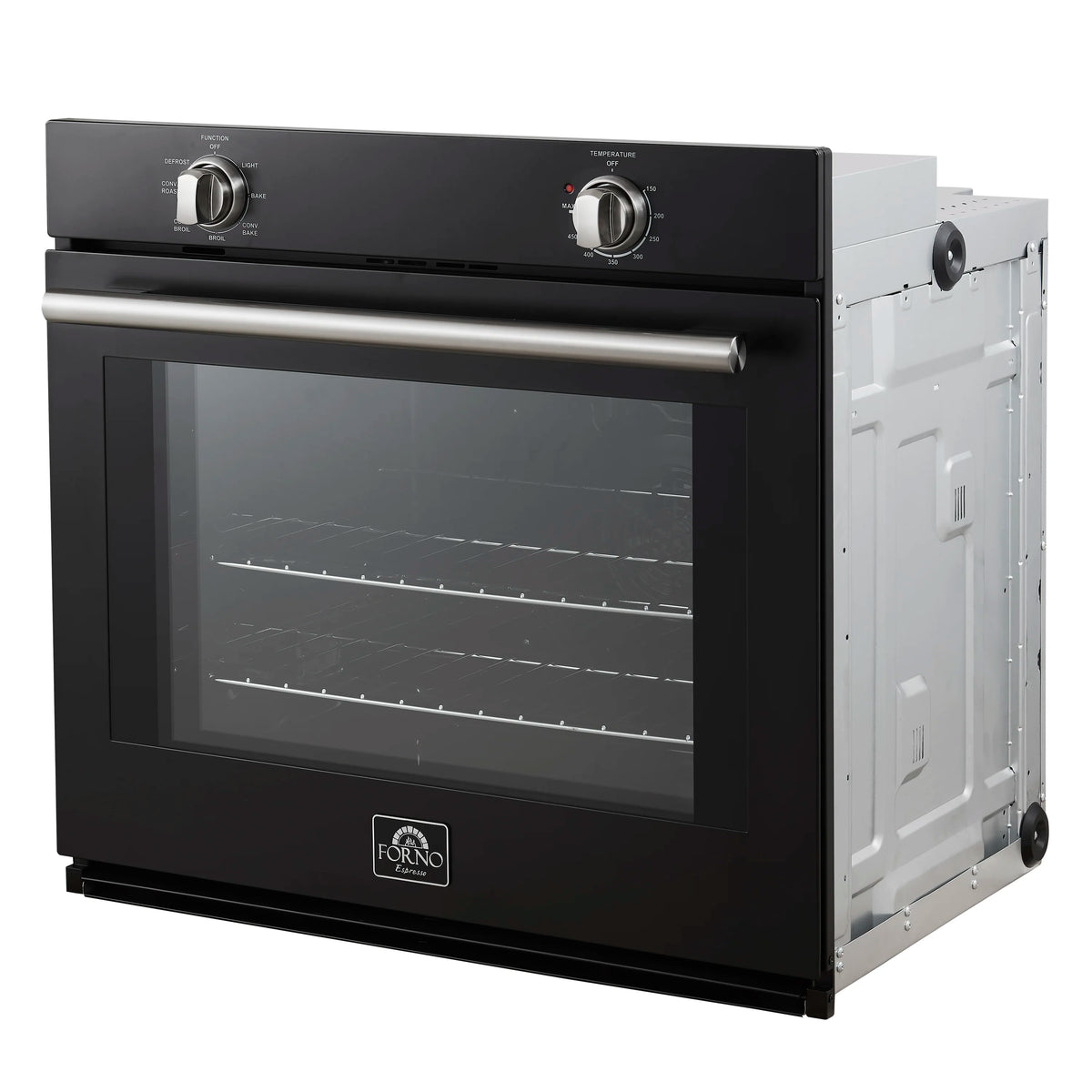 Black wall oven with stainless handle and closed door, front view