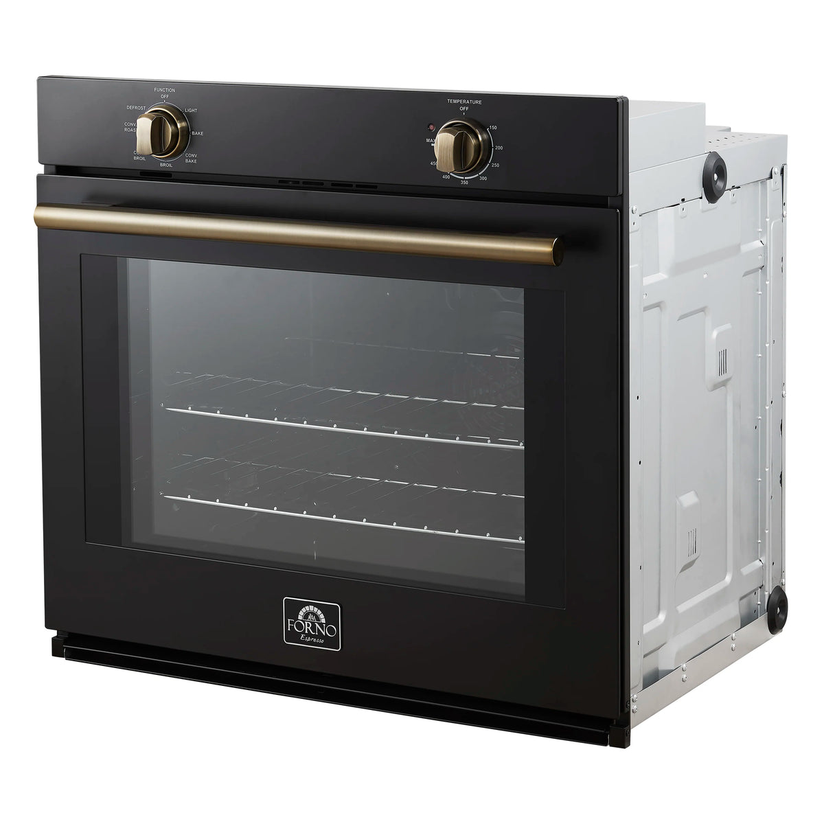 Black 30-inch wall oven with glass door and antique brass control knobs