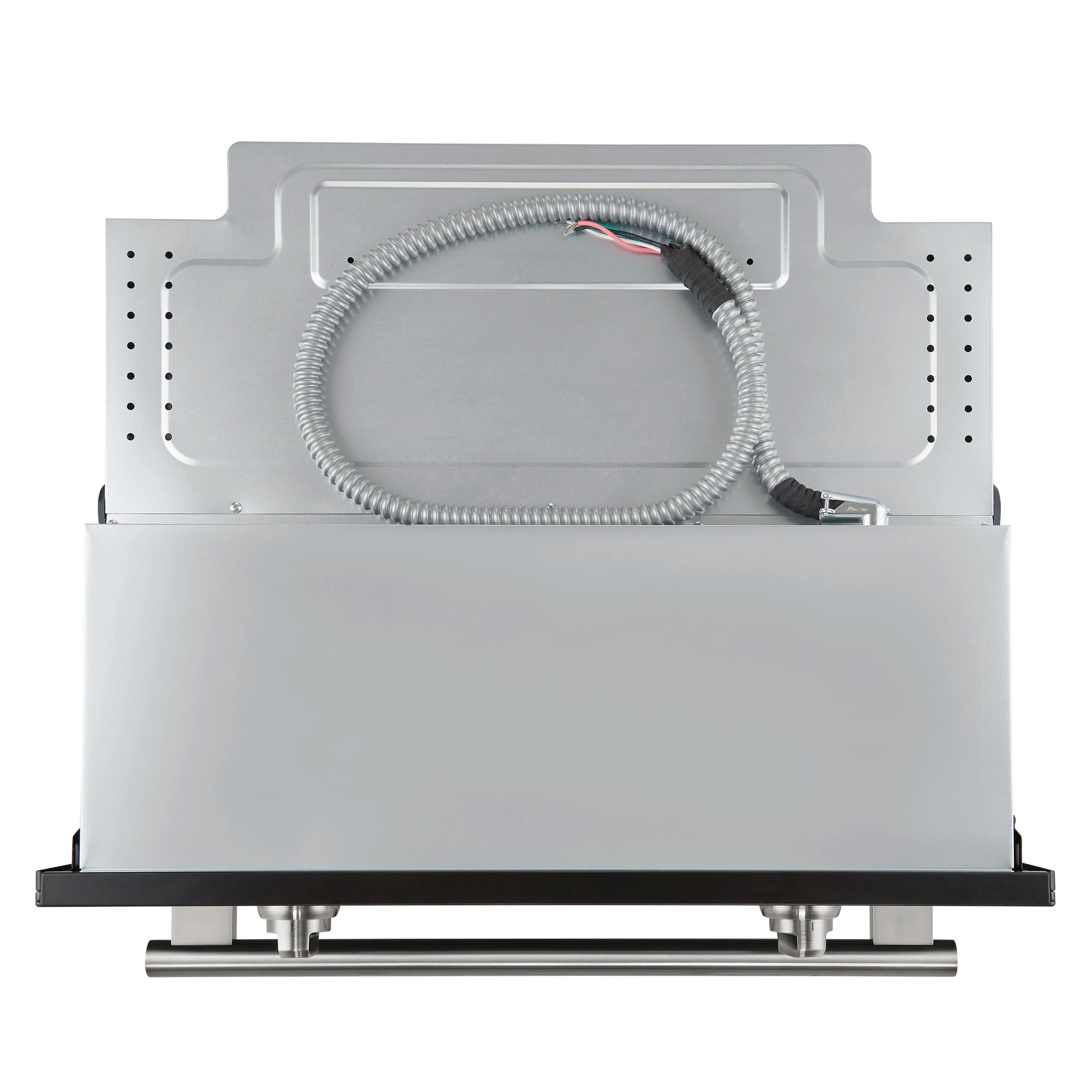 Wall oven back panel with exposed wiring and insulated cavity