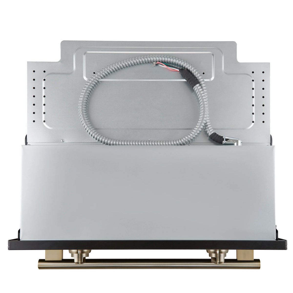 Wall oven rear panel with visible electrical wiring and metal mounting frame
