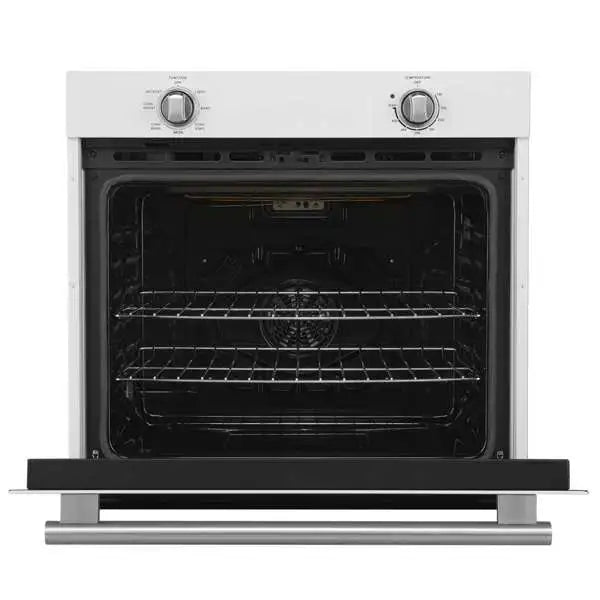 Open white wall oven door with black interior and wire oven racks