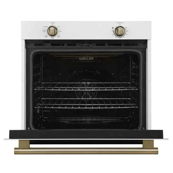 White wall oven front with oven door open, dark interior, and metal racks