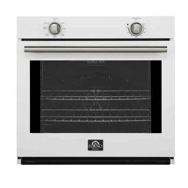 White wall oven front with black glass door window and stainless steel handle