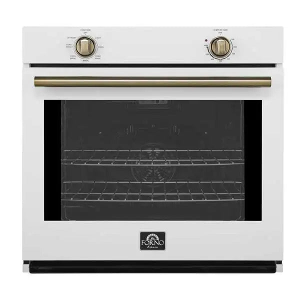 White wall oven with brass-toned handle, dark window, and two control knobs