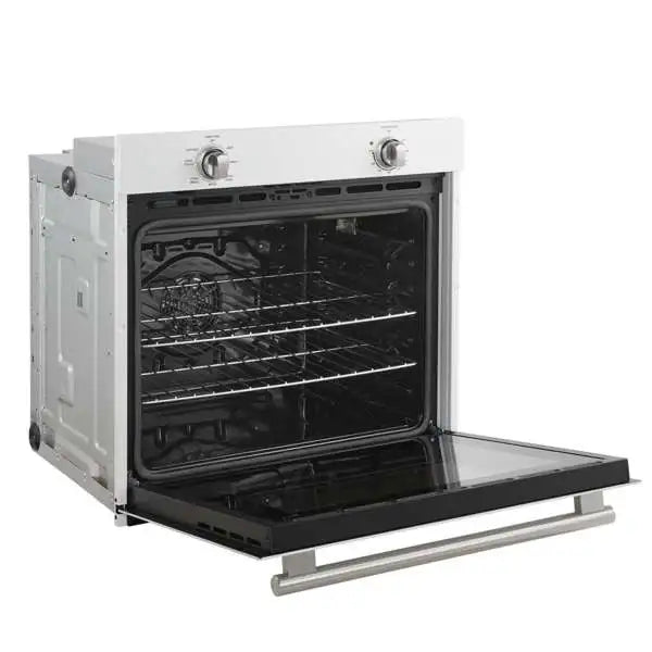 White wall oven open door with black interior, racks, and pull-out shelf