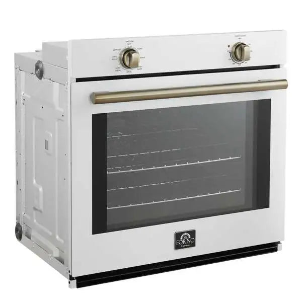 White wall oven with brass-toned handle and dark window on oven door