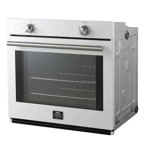 White wall oven with black glass door window, stainless handle, and control knobs