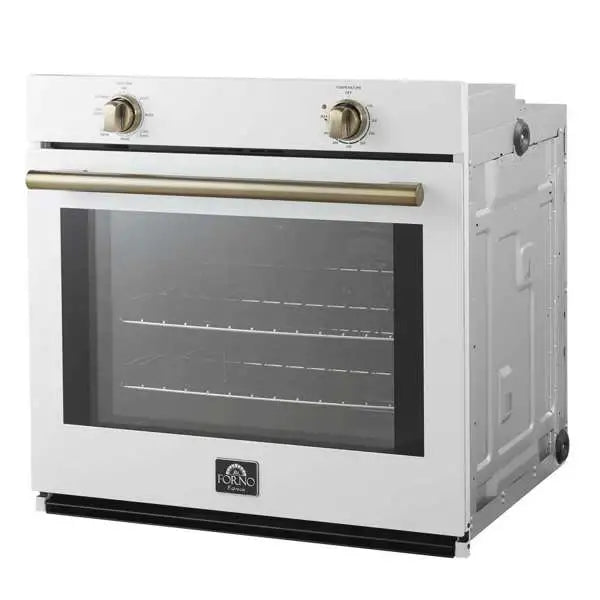 White 30-inch wall oven with brass-toned handle and two front control knobs