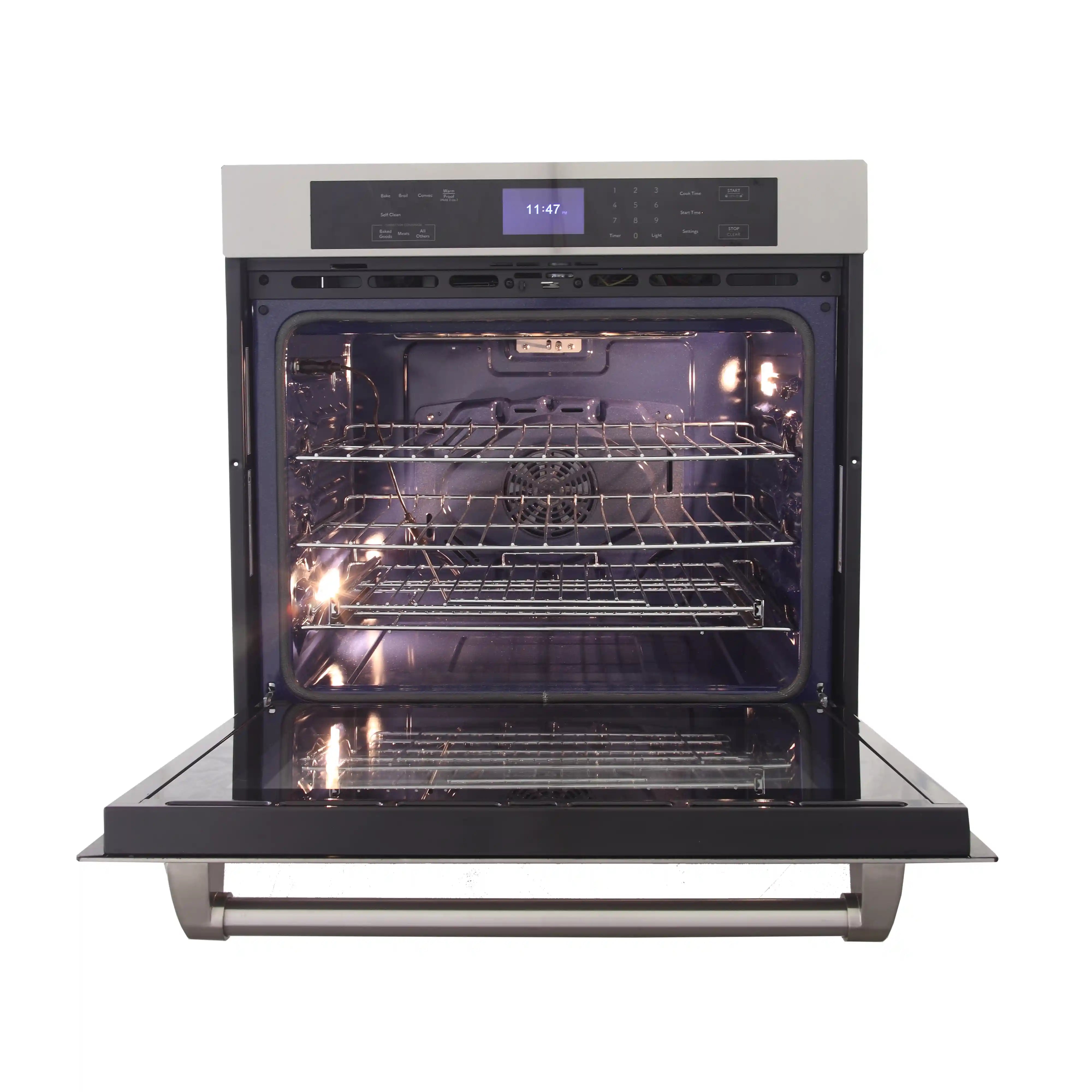 Stainless steel electric wall oven with open door and lit interior racks