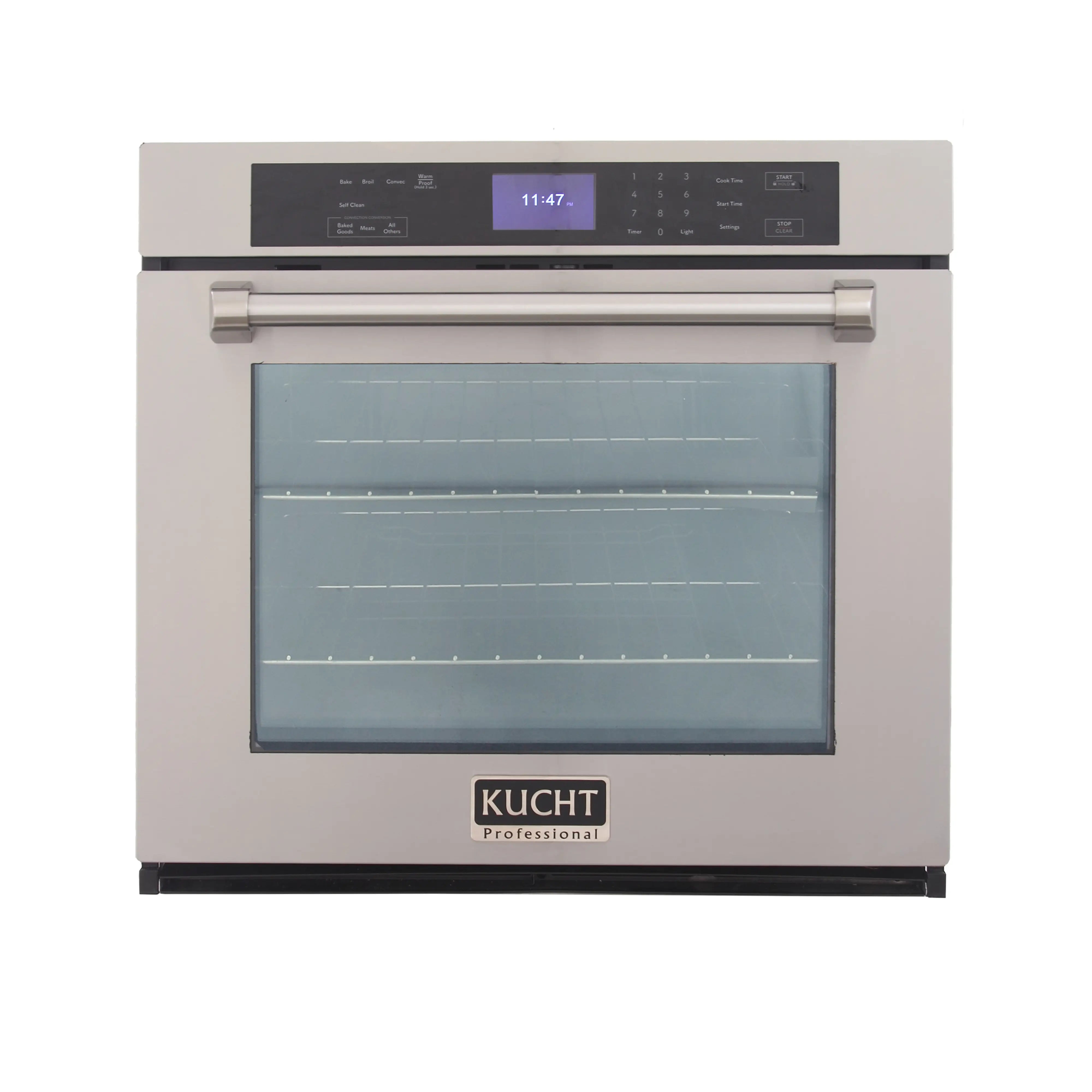 Kucht stainless steel electric wall oven with glass door closed and control panel