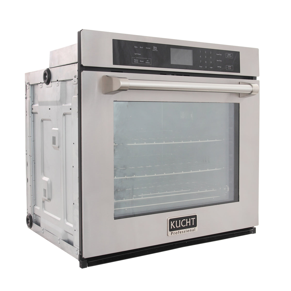 Stainless steel electric wall oven with door removed, showing built-in cavity