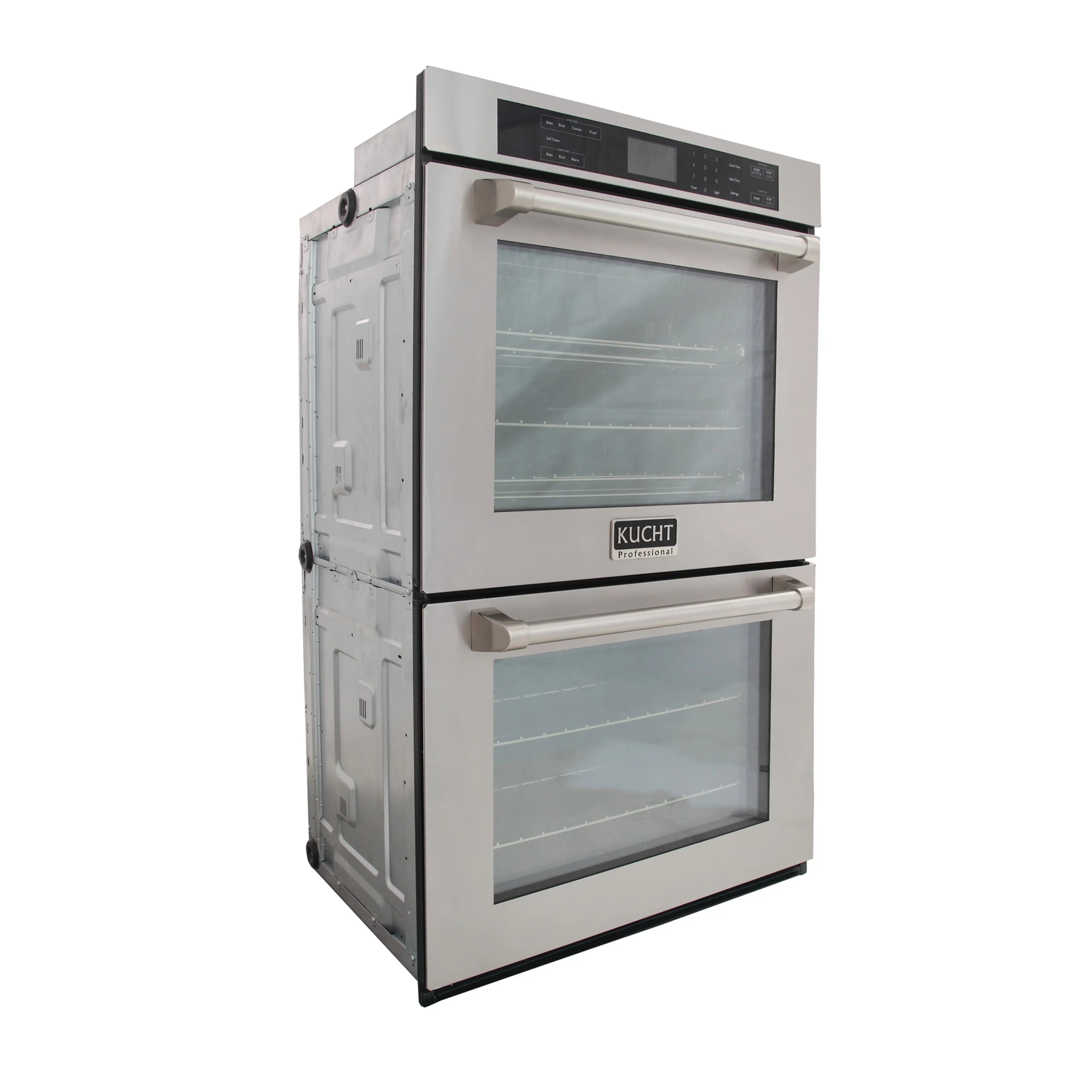 Stainless steel double wall oven with two glass doors and control panel
