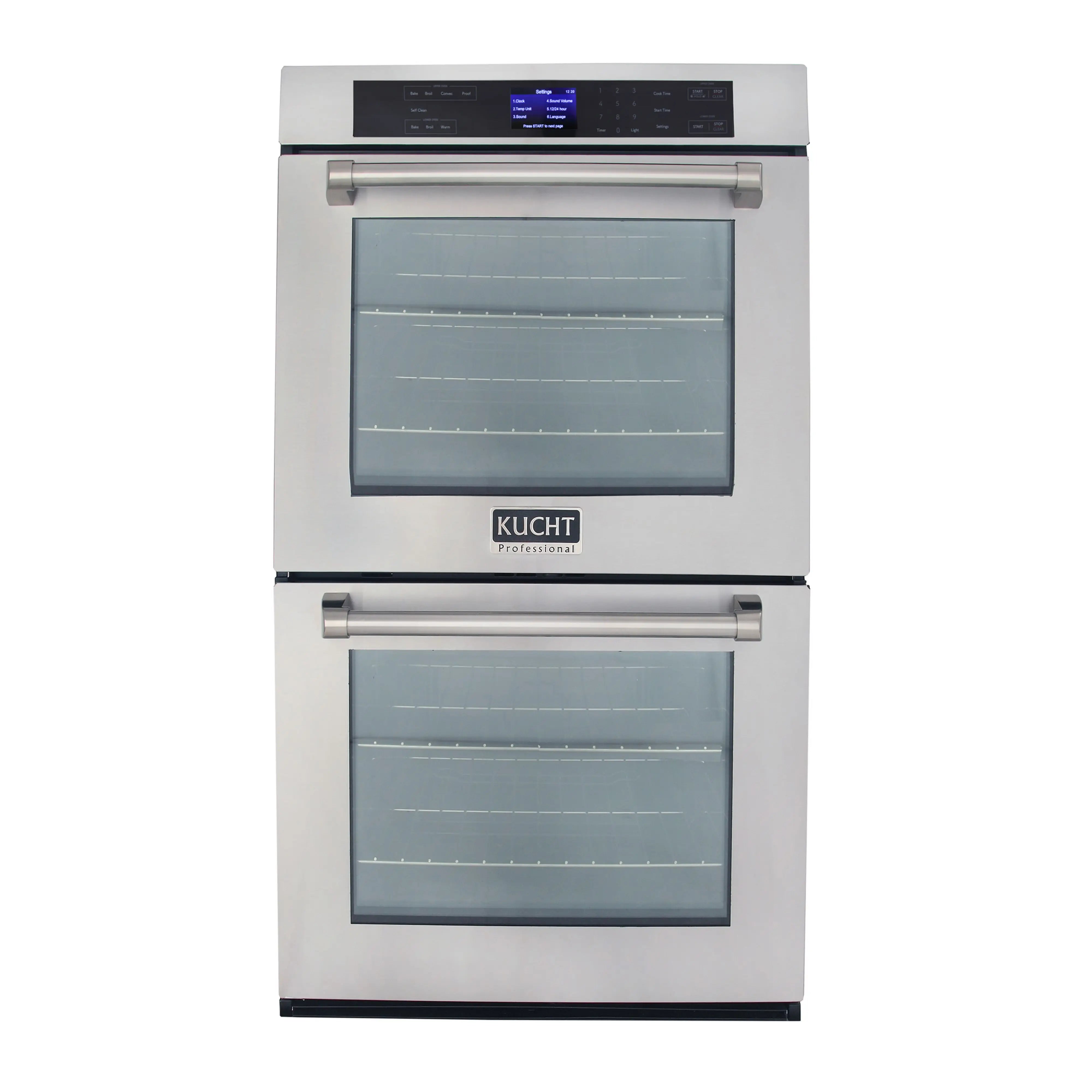 Stainless steel double wall oven with two stacked doors and digital display