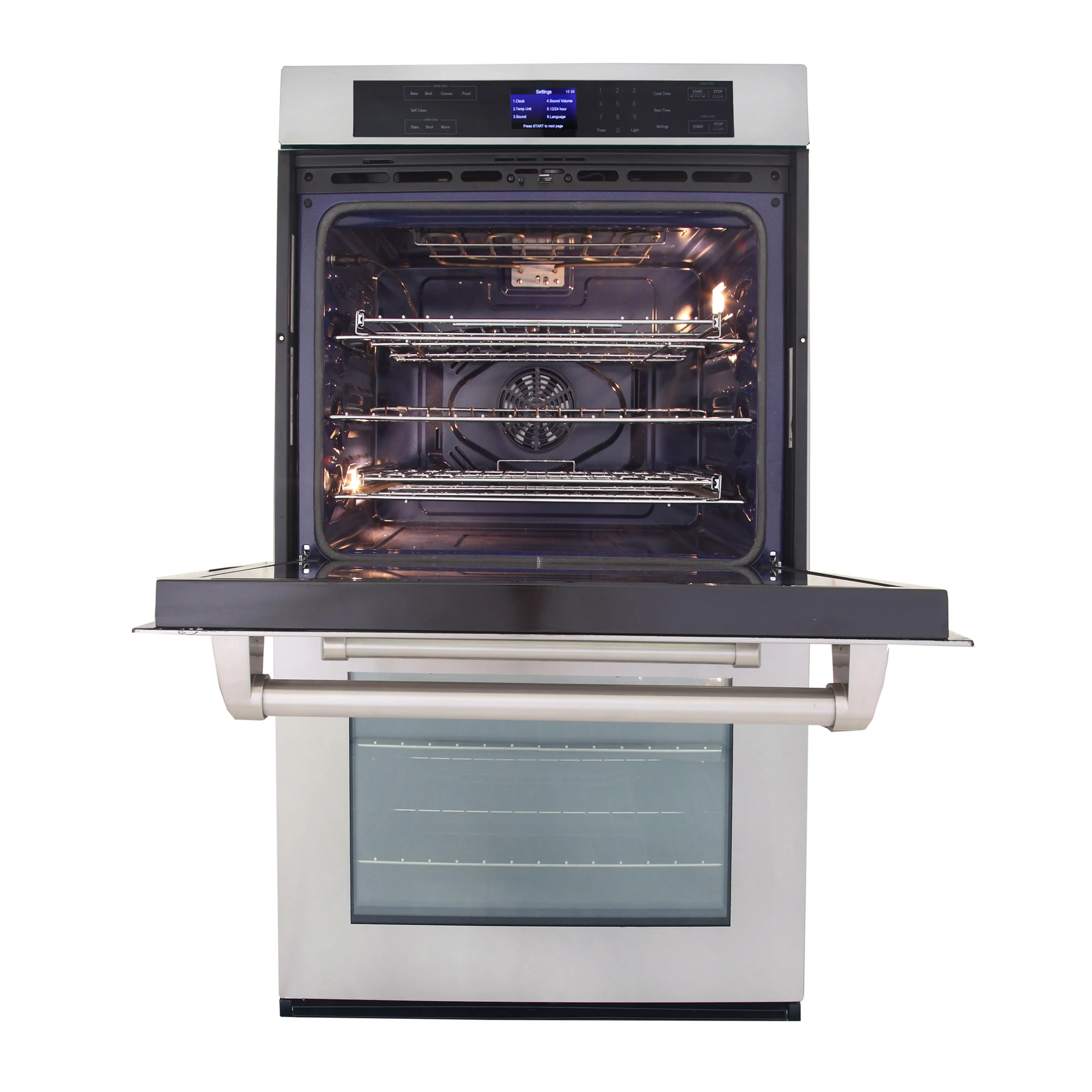 Double wall oven with upper oven door open, interior racks visible