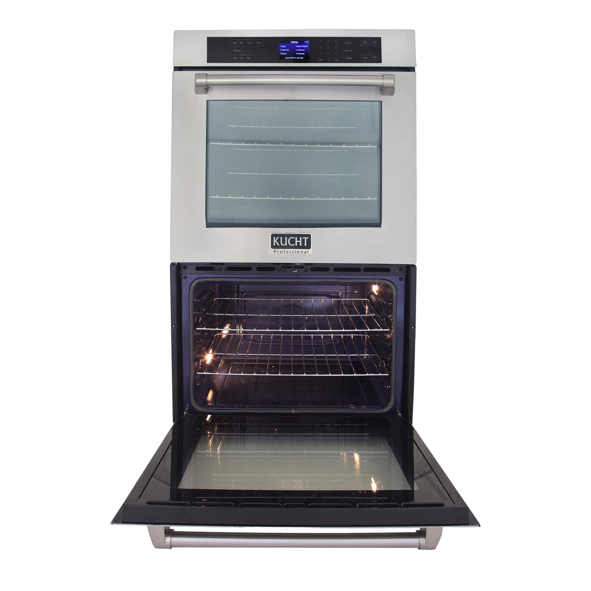 Double wall oven with lower oven door open, interior light and racks visible
