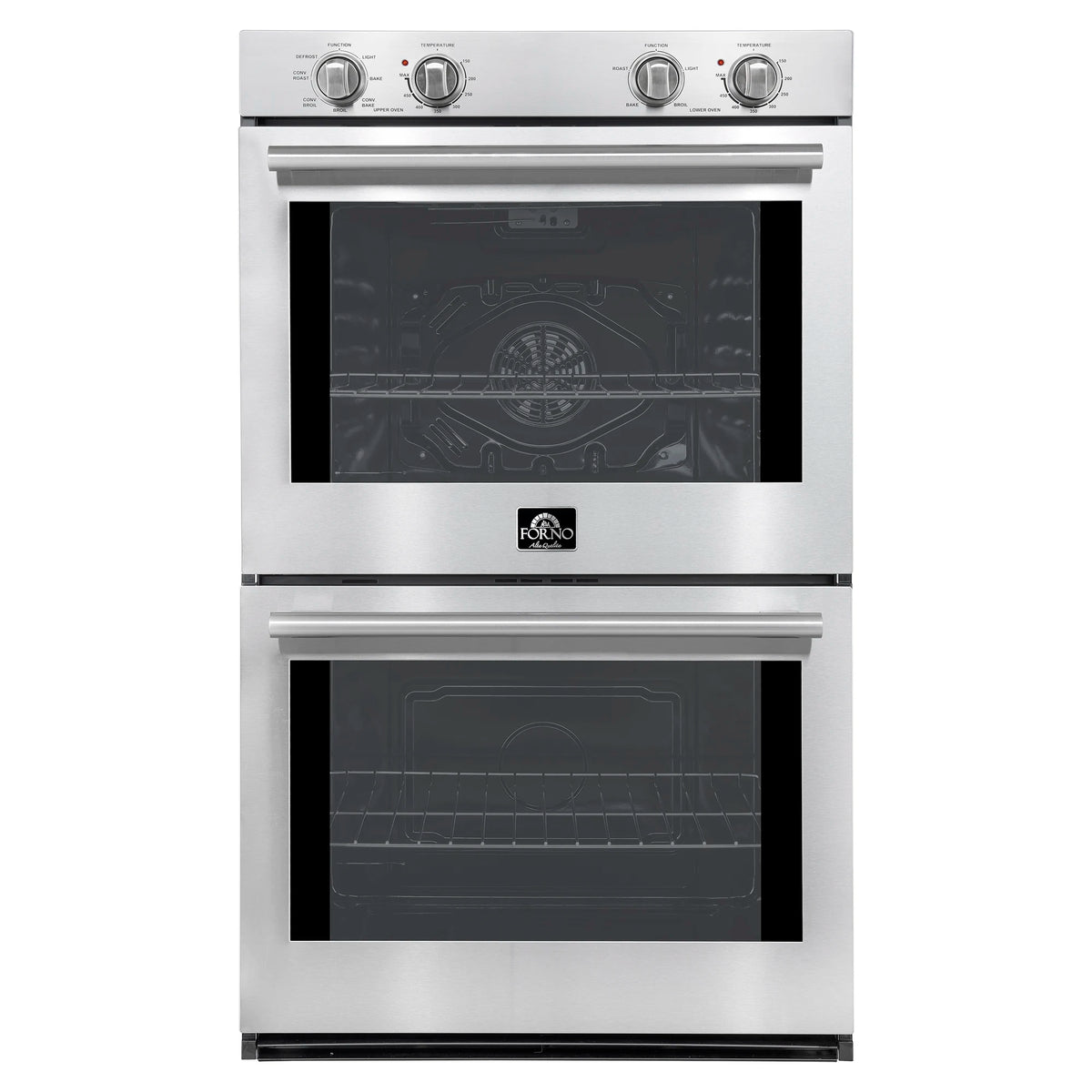 Stainless steel double wall oven with two open doors and a top control panel.