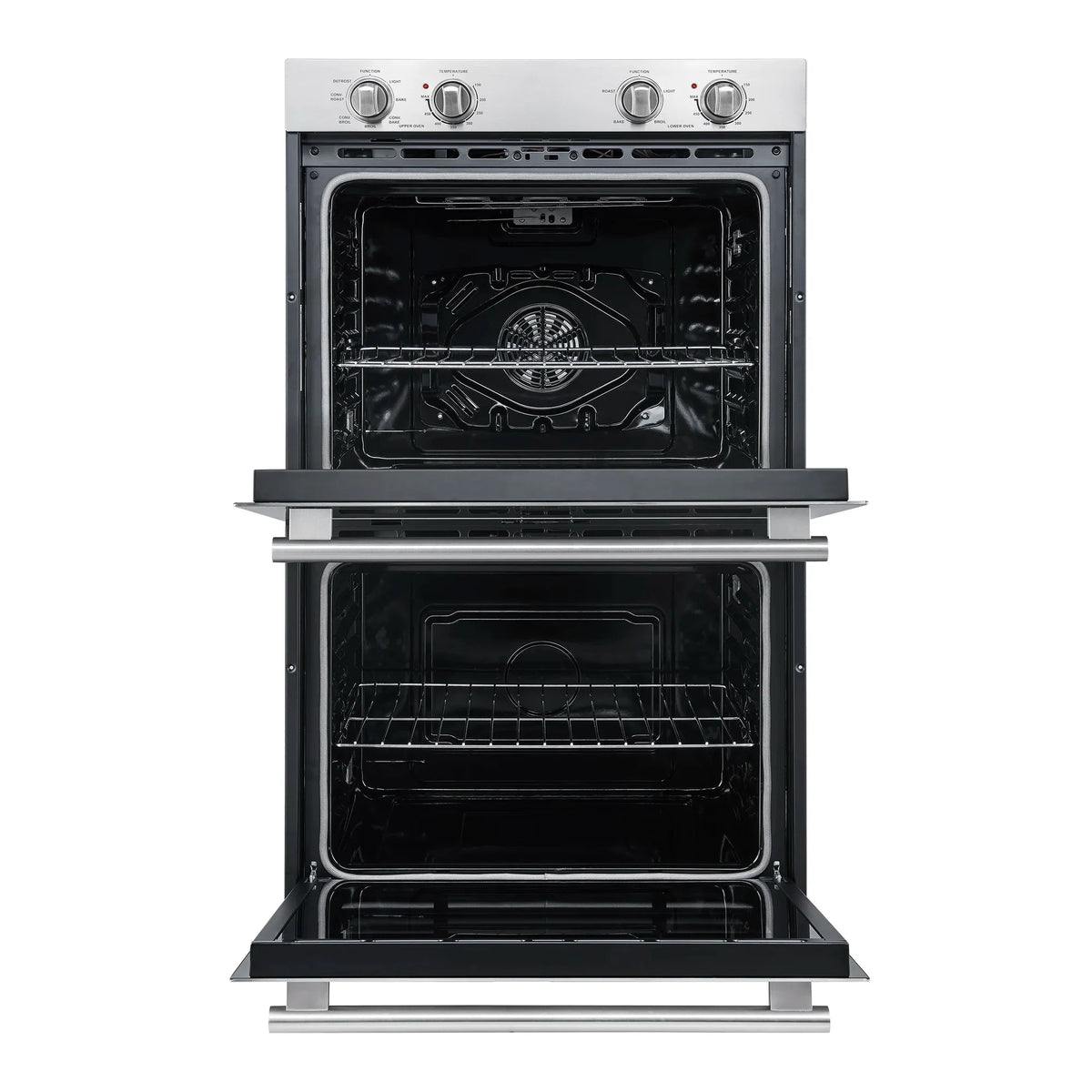 Open stainless double wall oven showing top and bottom black oven cavities with racks