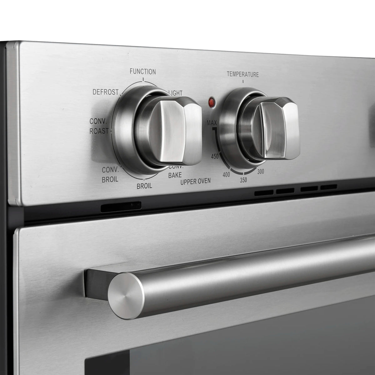 Stainless steel double wall oven control knobs for function and temperature settings.