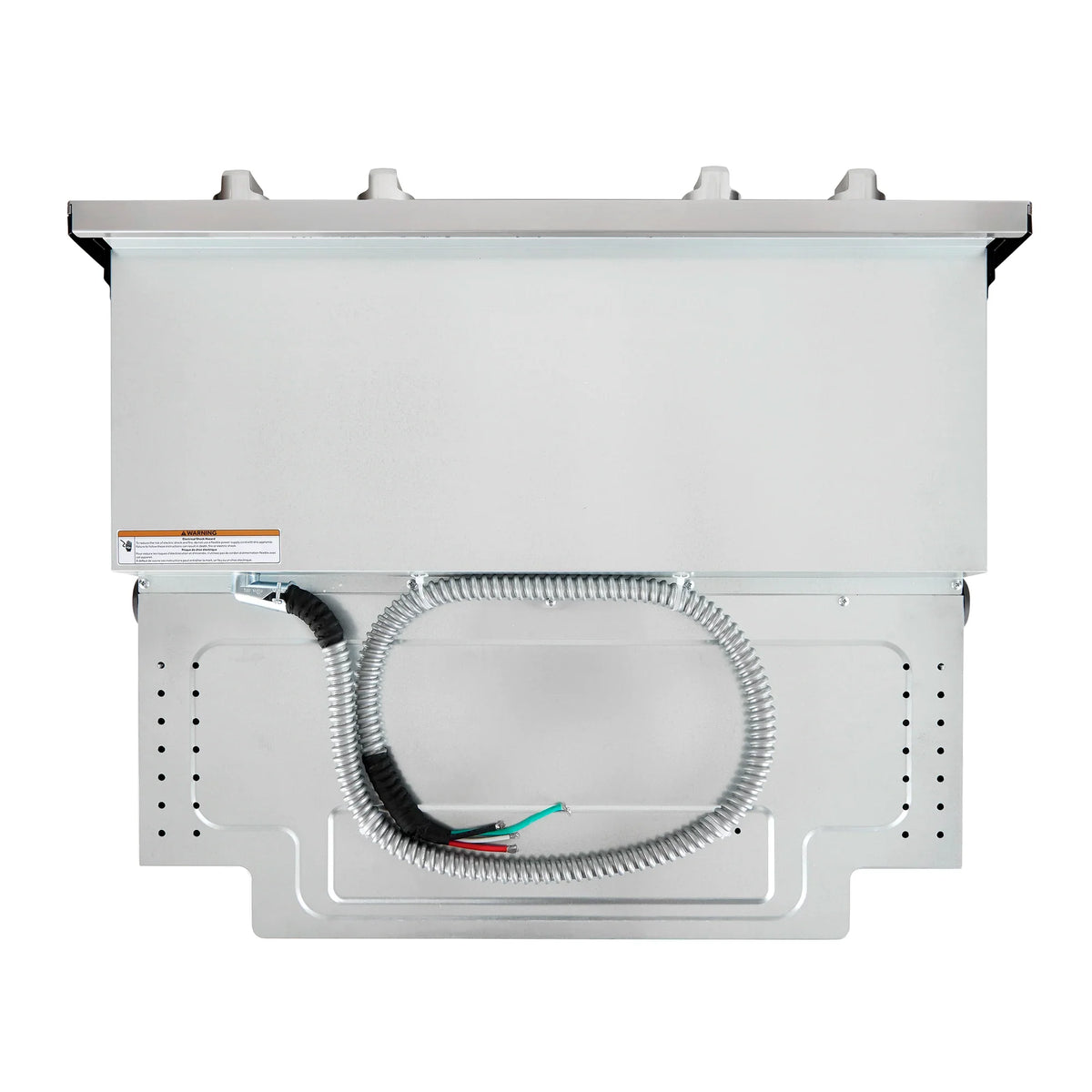 Lower back assembly of a stainless double wall oven with flexible conduit wiring