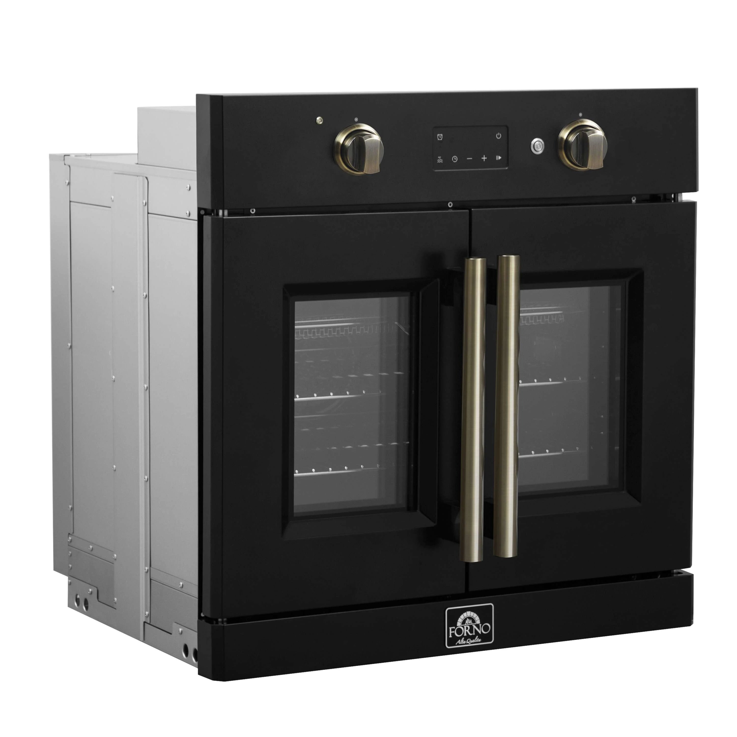 Black electric wall oven with French doors and antique brass trim handles