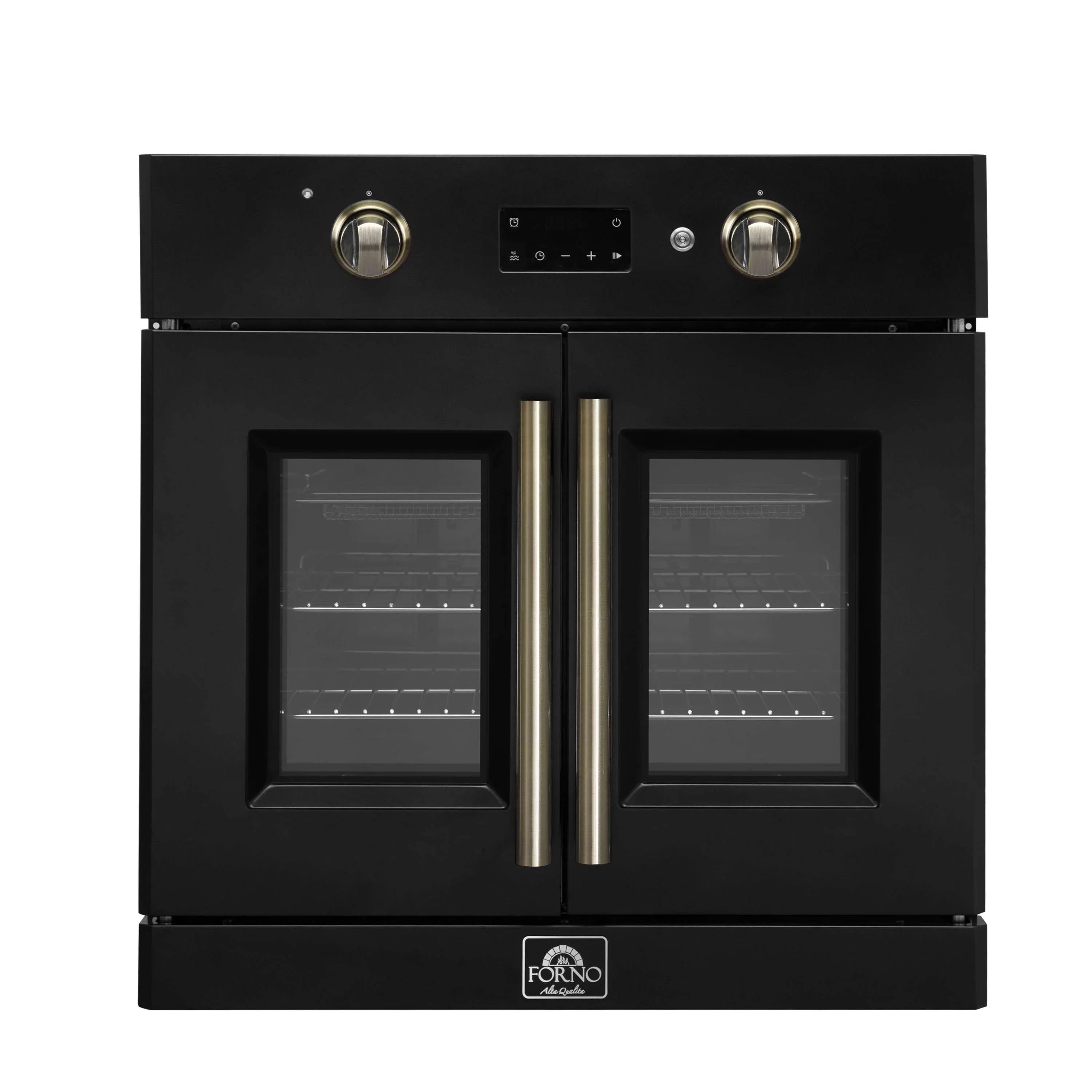 Black French door electric wall oven with antique brass handles and control panel