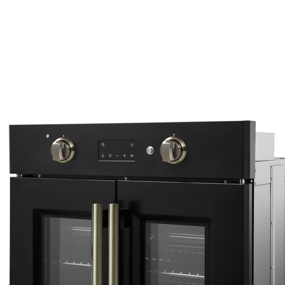 Black oven front top view with two antique brass knobs and control panel