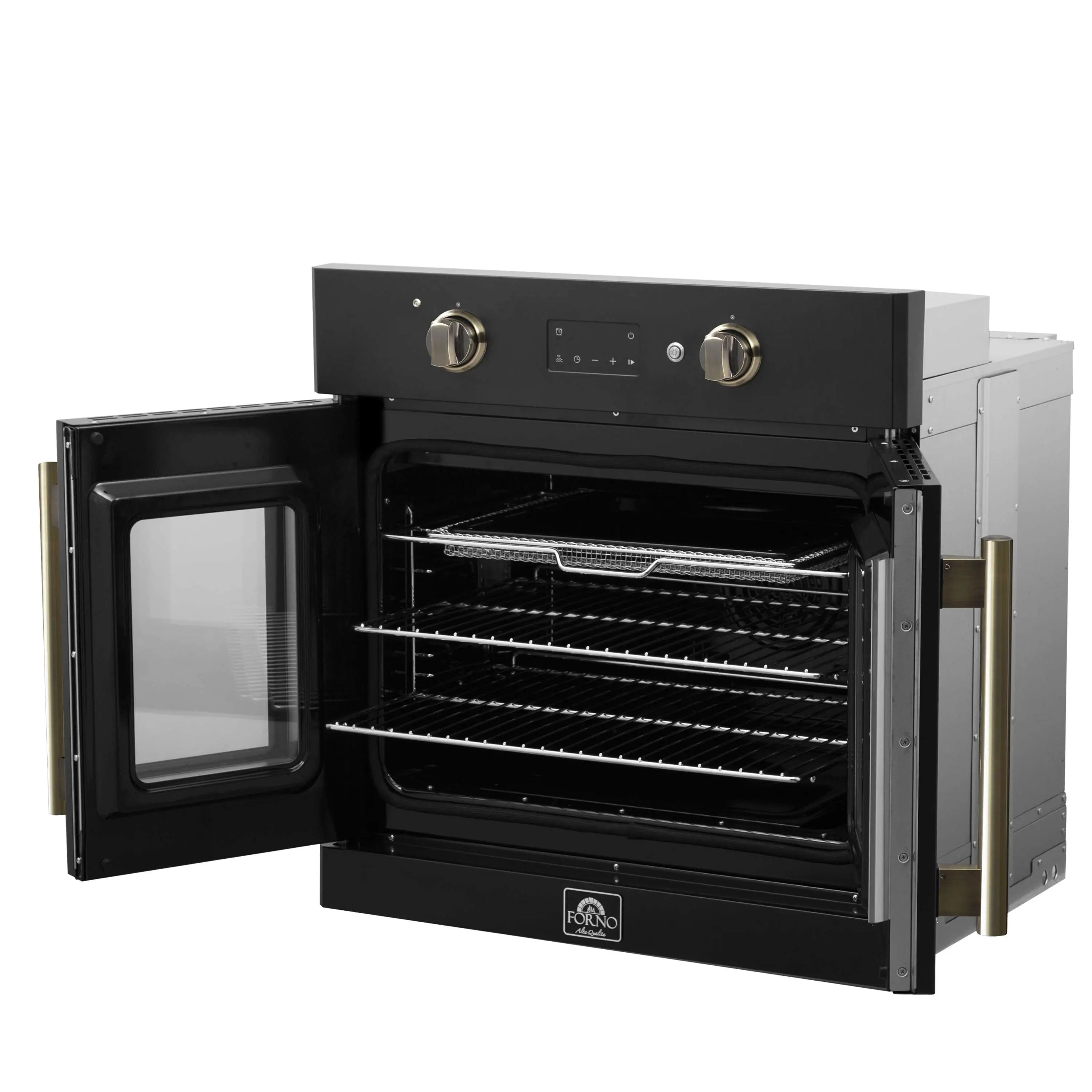 Black electric wall oven door open, wire racks and baking tray inside
